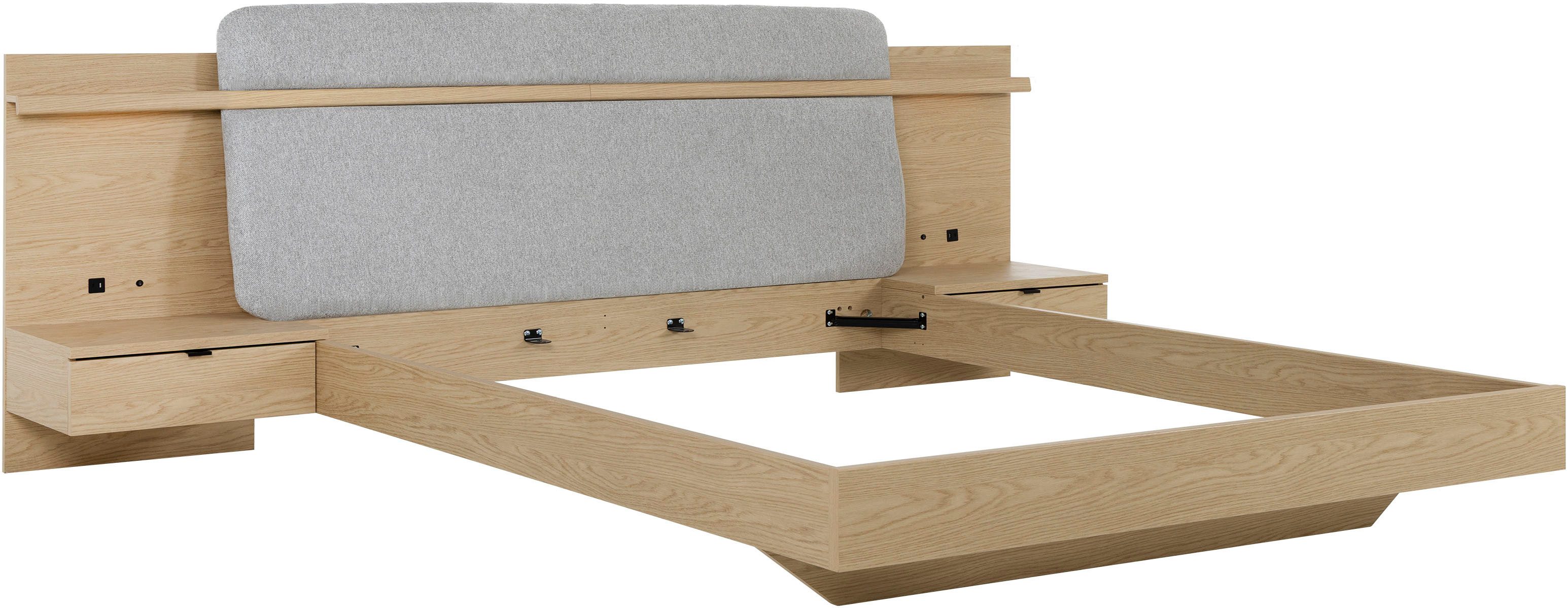 Gami Einzelbett IZADI, Bett mit Stoff-Kopfteil und 2 Nachttischen