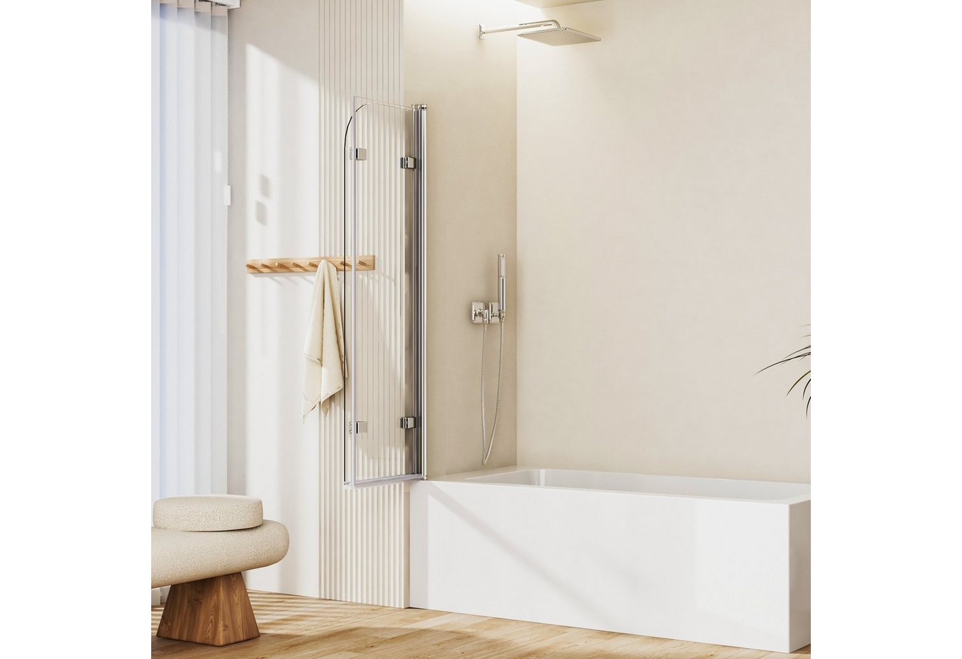 Thumbnail - Boromal Badewannenaufsatz Duschwand für Badewanne Glas 3teilig 120x140cm klar/Gestreift für Glas, (Klarglas /Teilsatinie...