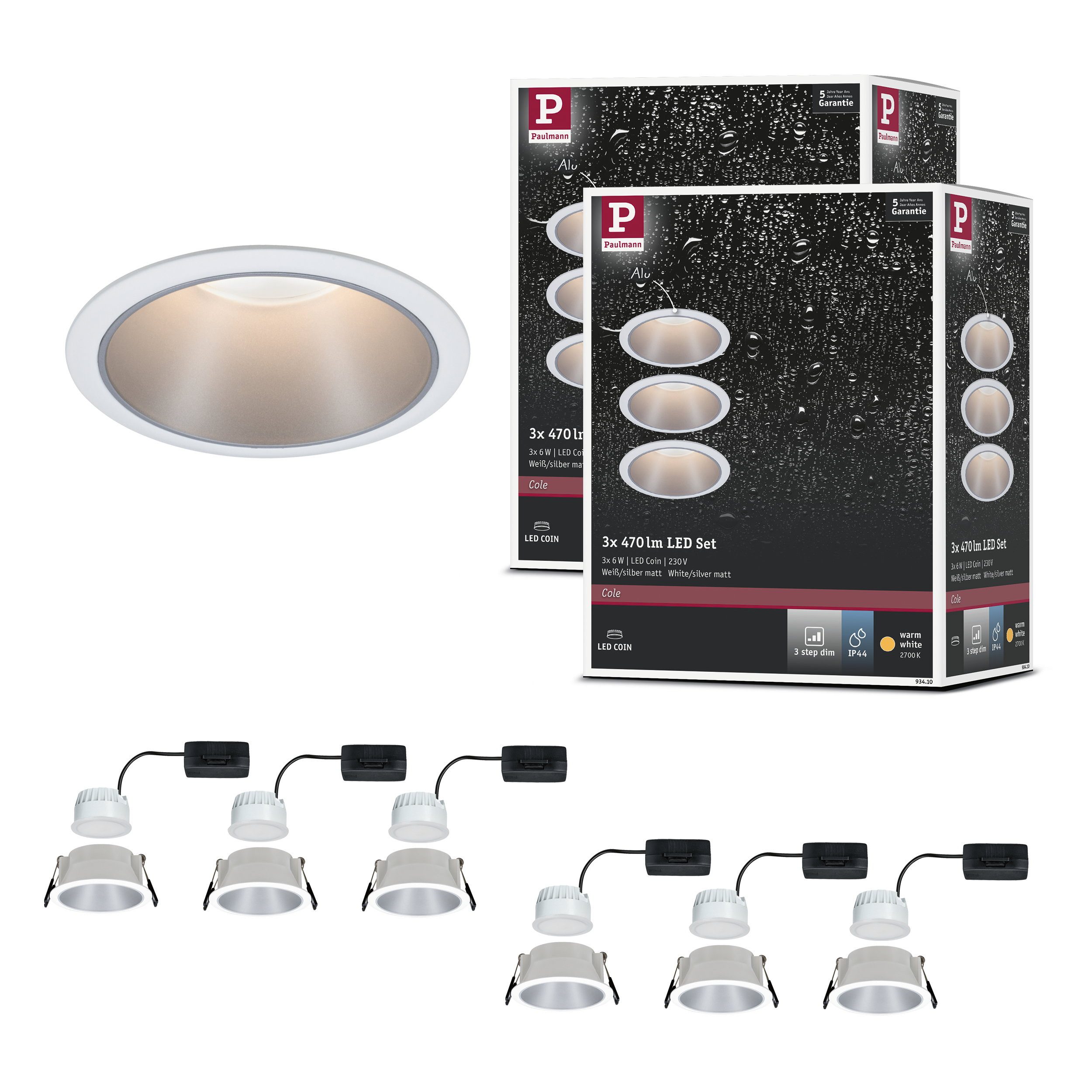 Paulmann LED Einbauleuchte LED Einbauleuchte 3-Step-Dim Cole Coin 6er-Set IP44 rund 88 mm Coin 6x