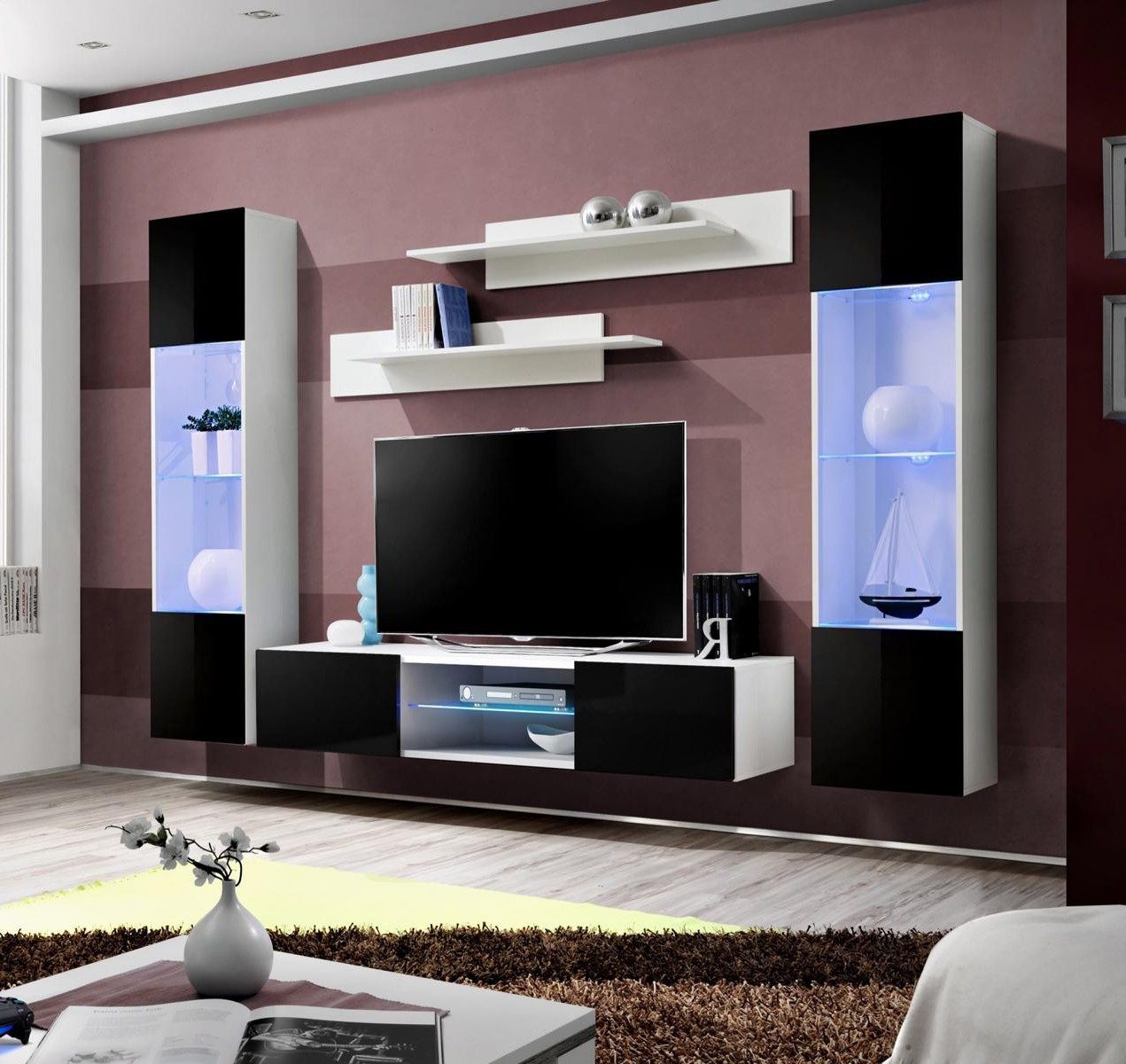 Xlmoebel Wohnwand Luxus TV-Ständer Hänge Vitrine Hochglanz Regal Wohnzimmer, Made in Europa