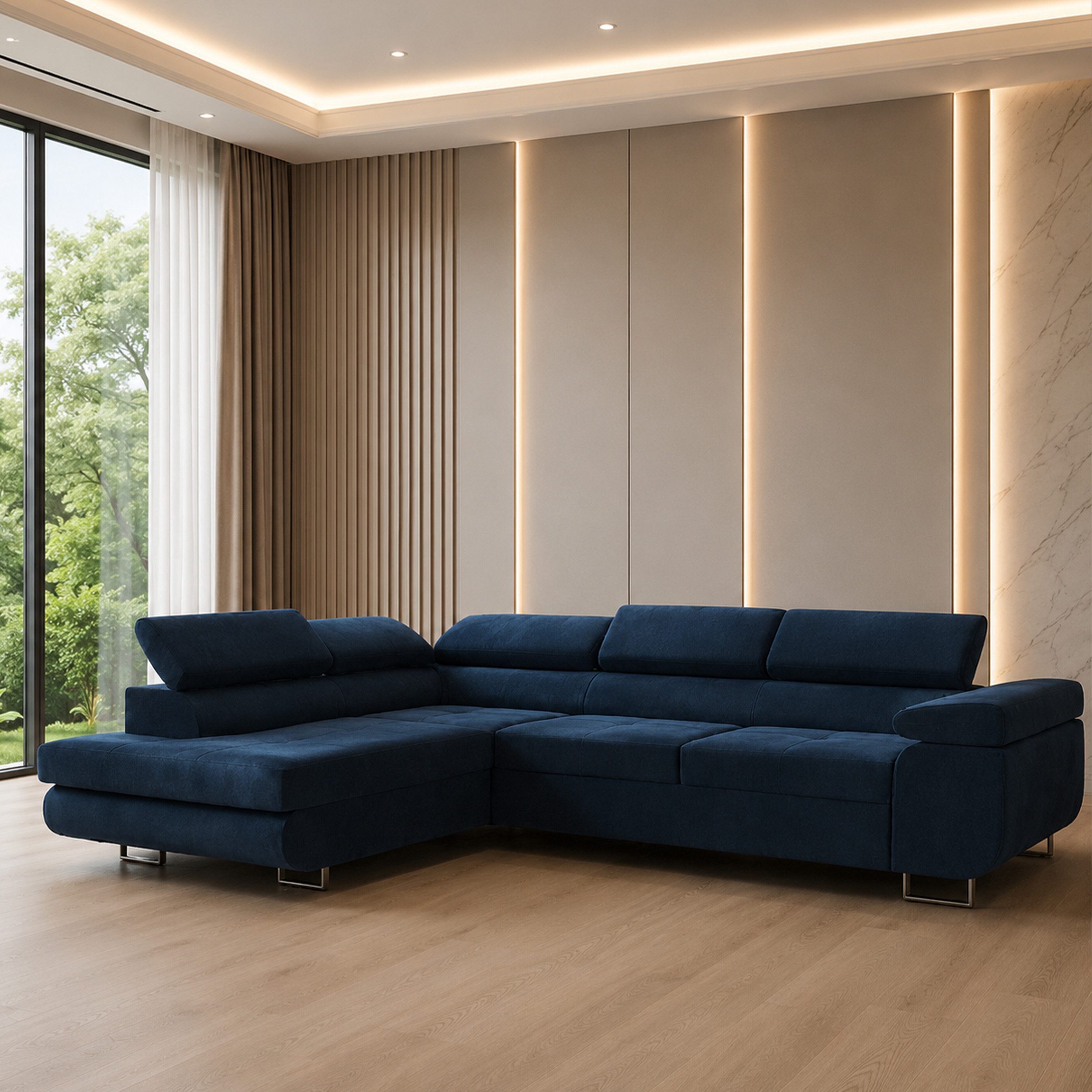 Goldstoff Ecksofa mit Schlaffunktion - Designersofa, Sofa mit Bettfunktion & Bettkasten, Schlafsofa RIVIA, multifunktionale Couch mit verstellbaren Kopfstützen in blau