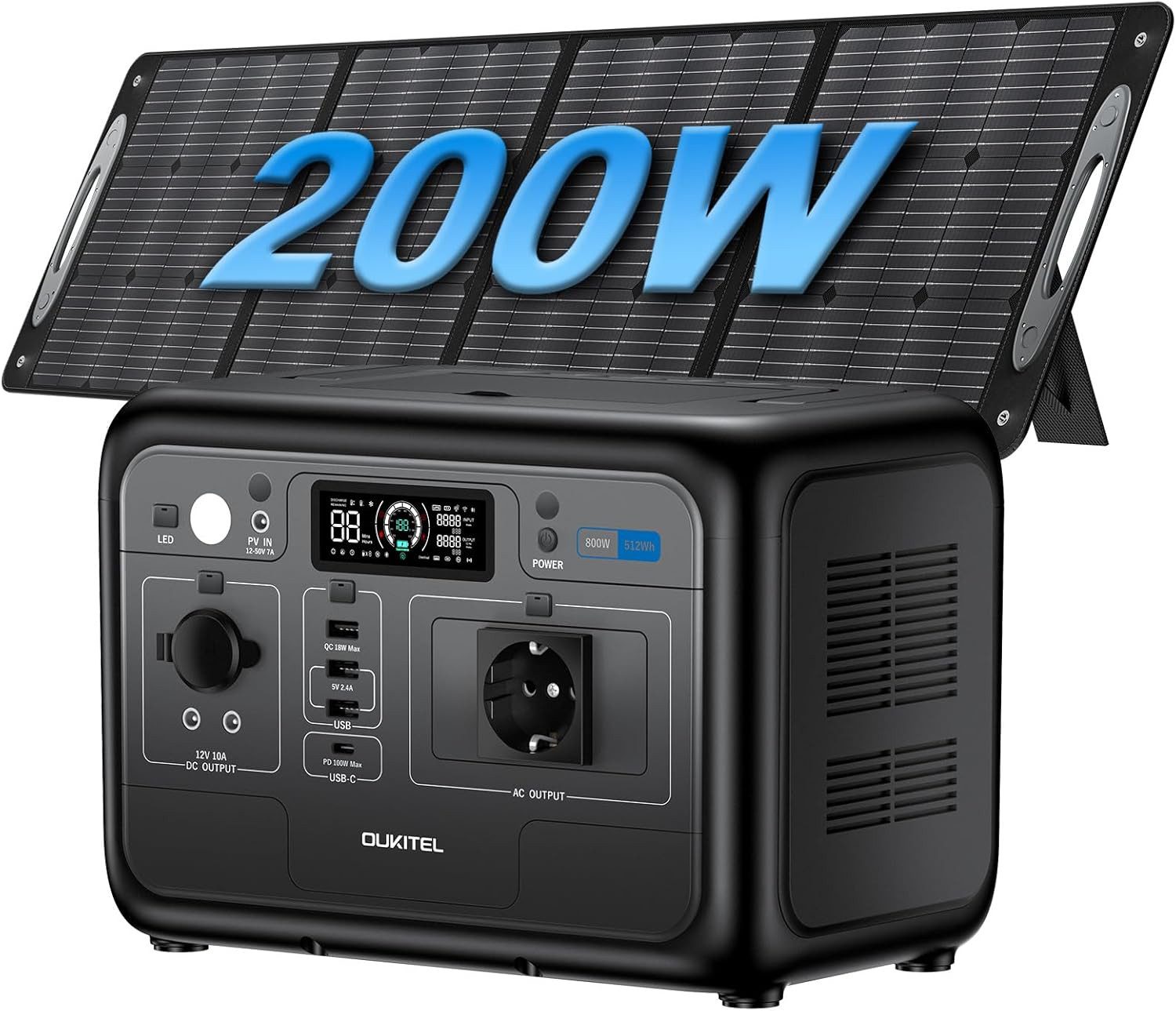 OUKITEL Stromerzeuger P800E 800W/512Wh Tragbare Powerstation, 0,8 in kW, (LiFePO4 Batterie mit 800W (1600W Peak) AC Ausgängen, Mit 200W Solarpanel), PD 100W, für Camping, Reise, Stromausfall