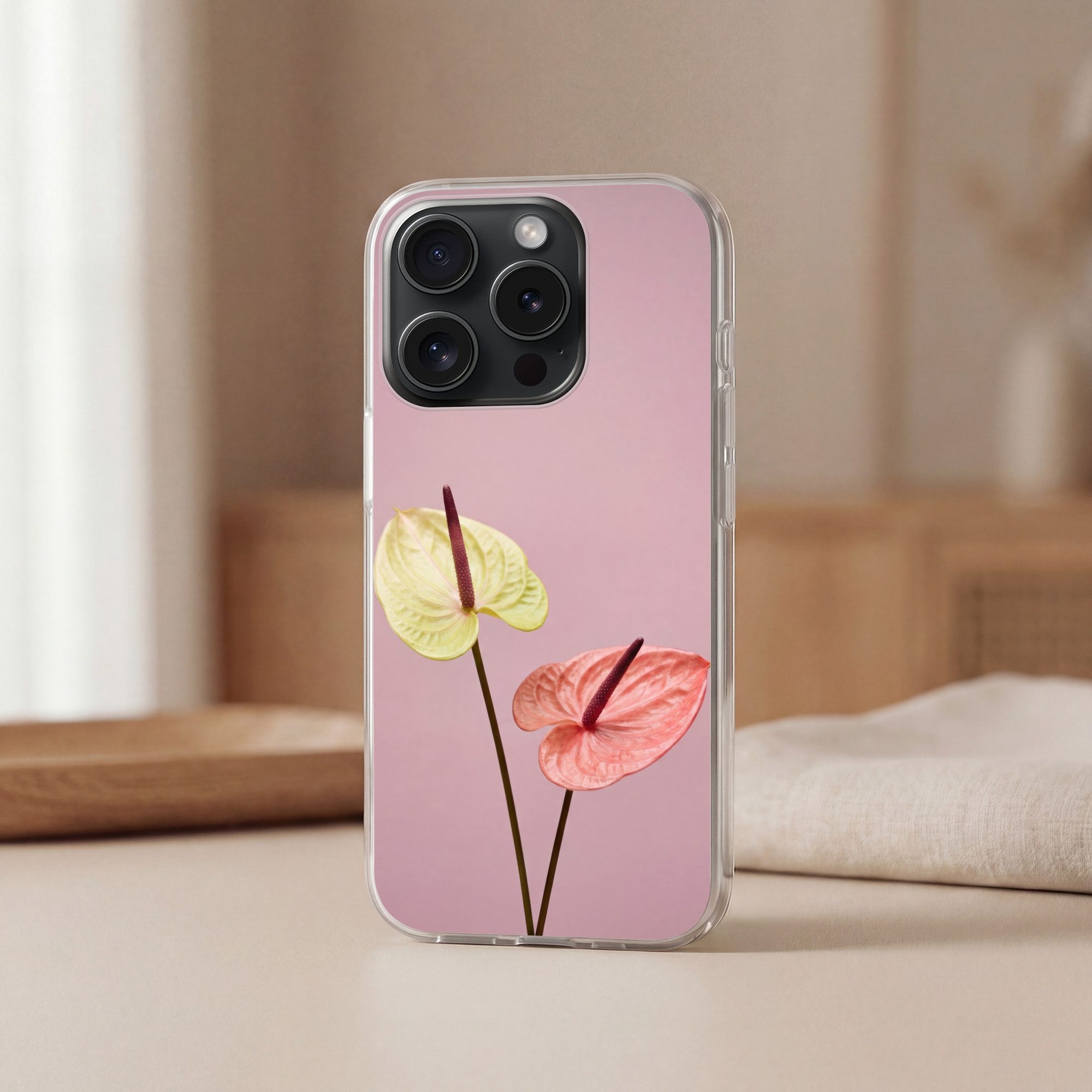 MuchoWow Handyhülle für Apple iPhone 15 Pro Blumen - Anthurien - Gelb - Rosa, Smartphone-Bumper, Print, Handy Schutzhülle Dünn