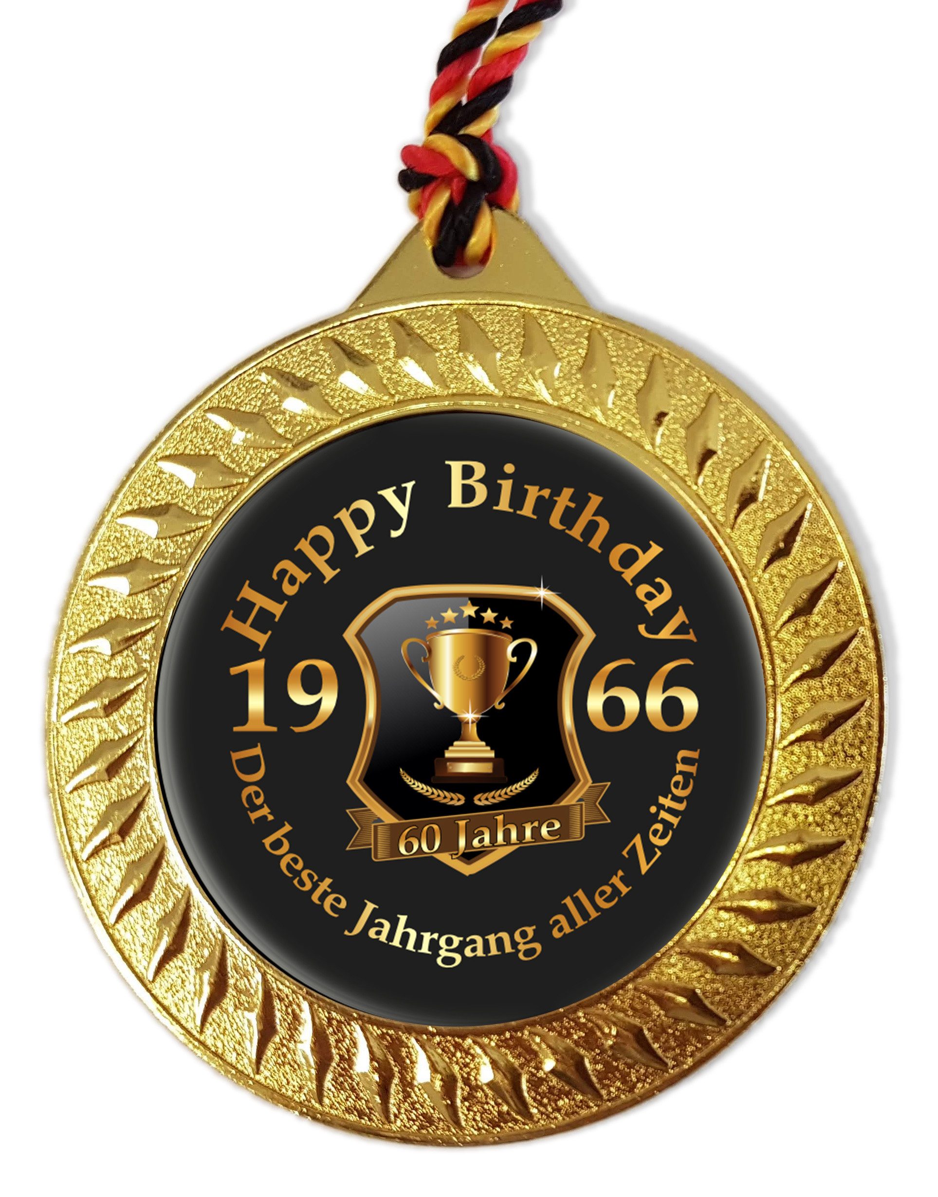 RAHMENLOS® Metallschild Medaille als Geschenk zum 60. Geburtstag - Jahrgang 1966, mit Geschenkbox und Kordel