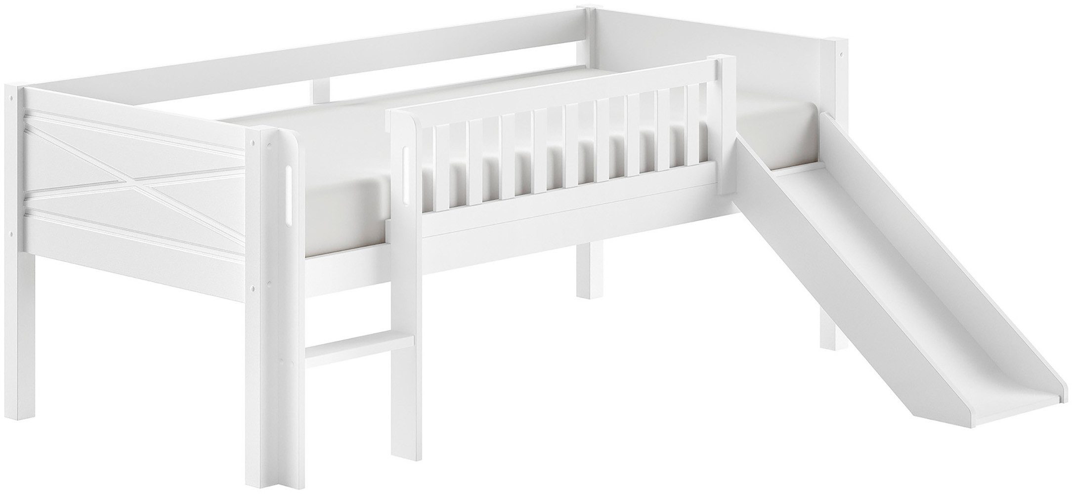 Vipack Spielbett Scott mit niedriger Einstiegshöhe inkl. Leiter, Rutsche und Rollnrost, in Kiefer massiv, weiß 90x200 cm, wahlweise ohne und mit Rollboxen