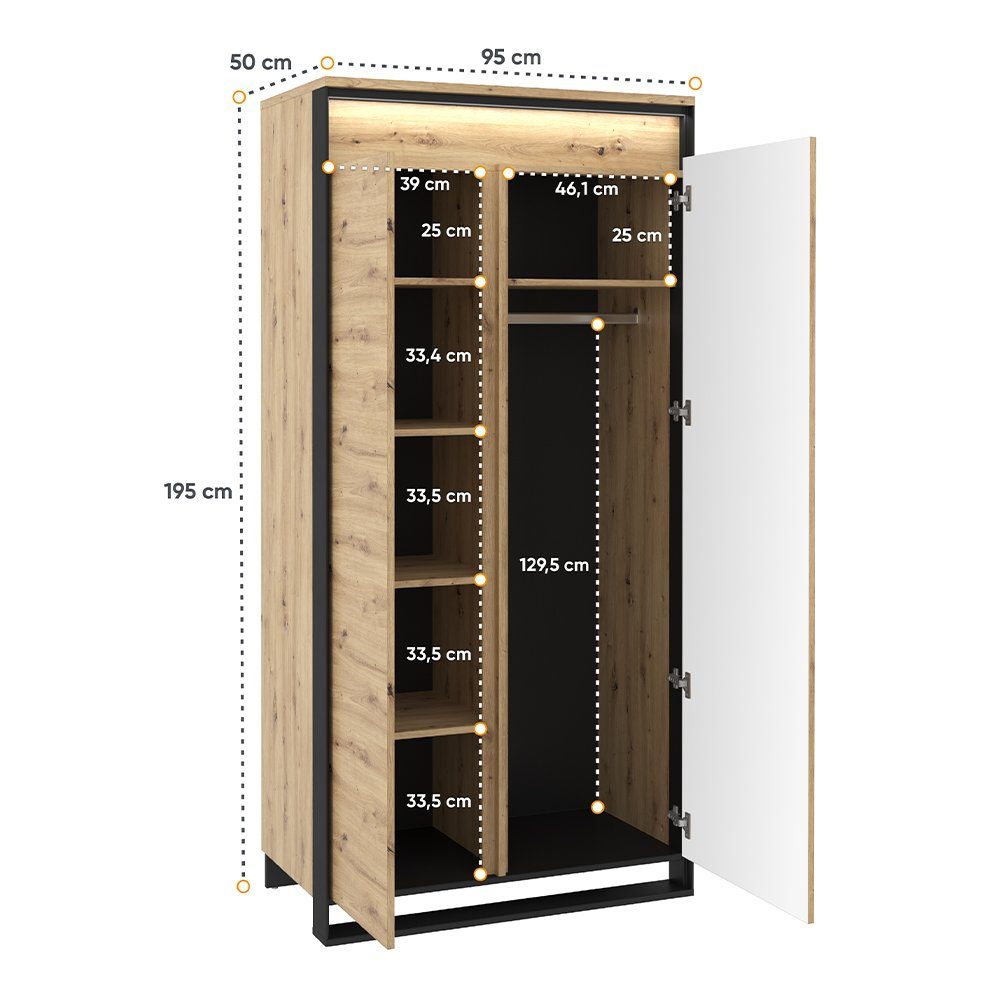 Compleo Kleiderschrank LIMA Push to open Funktion, LED-Beleuchtung, 2-Drehtüren – Bild 5 von 5