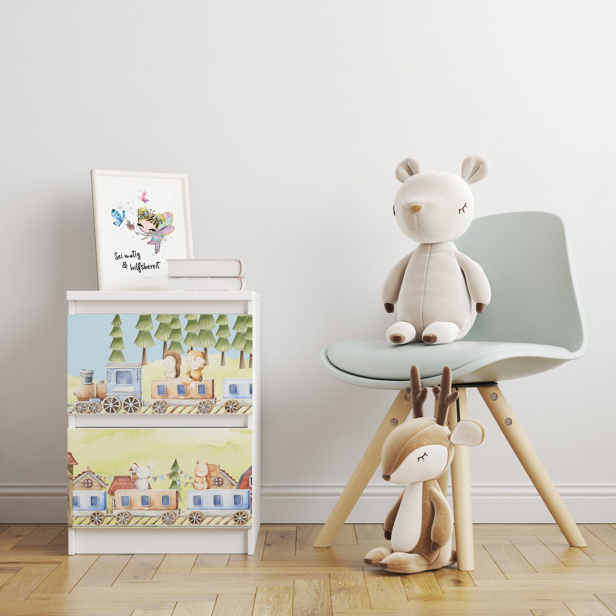 Sunnywall Möbelfolie passend für IKEA Malm Kommode Schrankfolie Aufkleber Zug Tiere Motiv, blasenfreie selbstklebende Folie (SCHRANK NICHT INKLUSIVE)