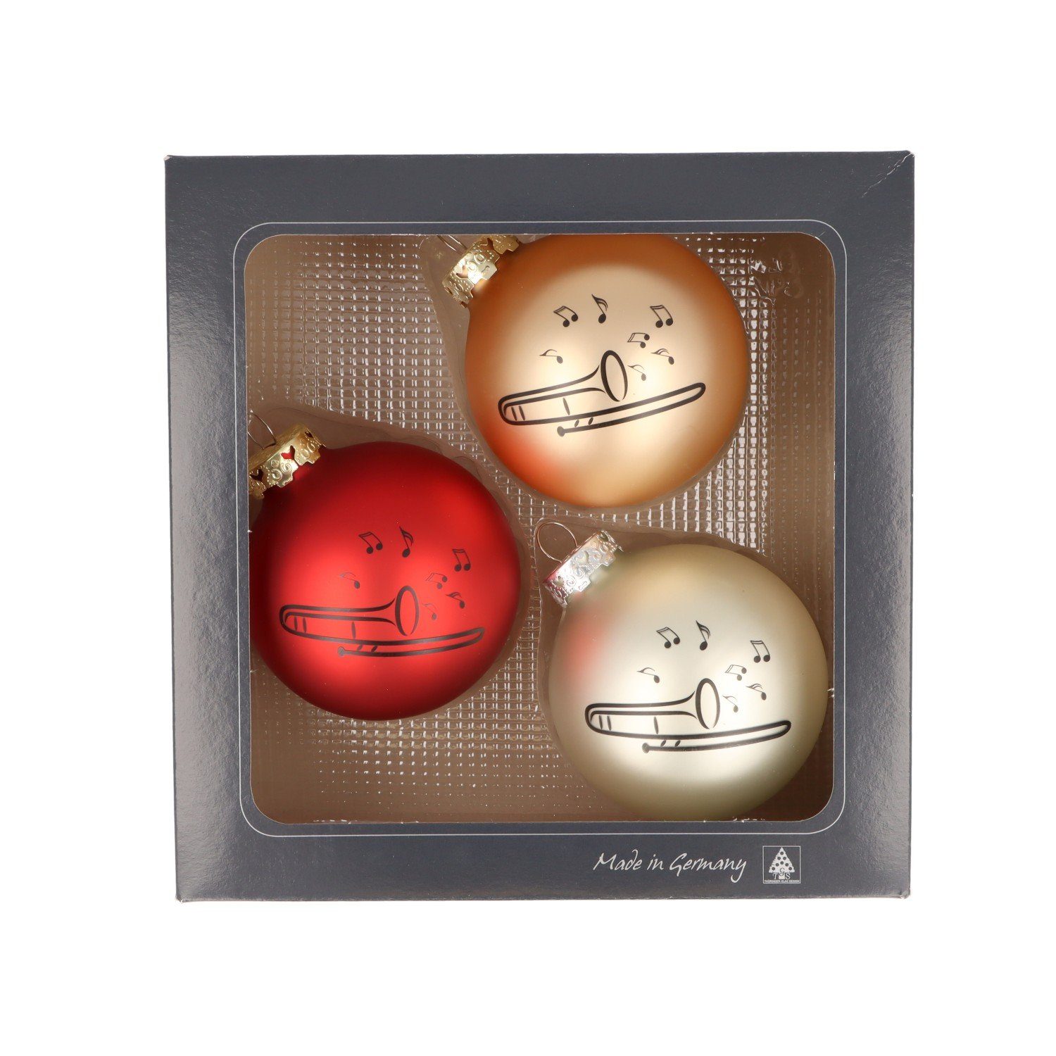 Musikboutique Weihnachtsbaumkugel, 3er-Set aus Glas mit schwarzem Posaune-Druck, Farbe rot/gold/silber