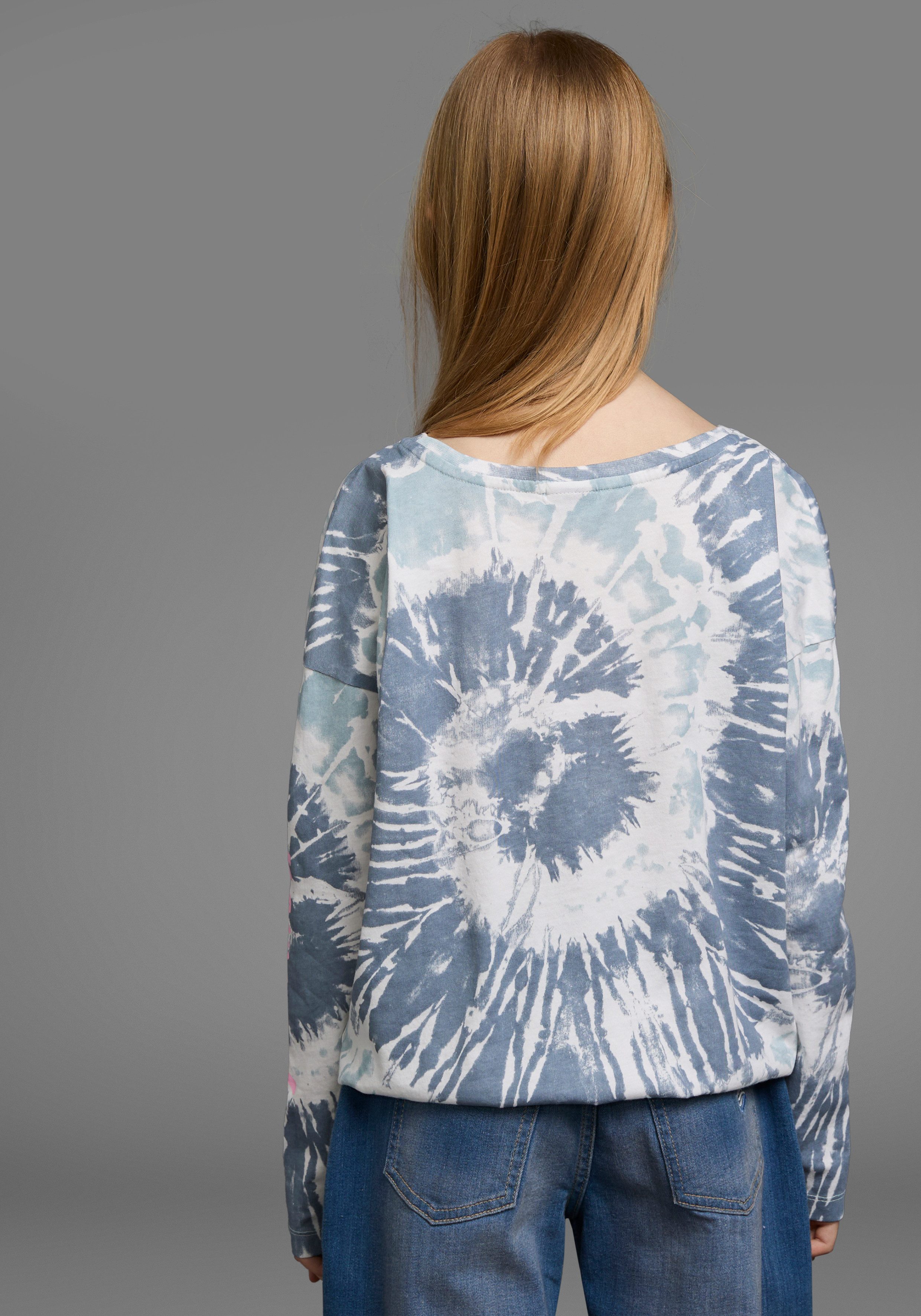 KIDSWORLD Fledermausshirt Batik-Optik Shirt Langarm, mit Gummizug am Saum, stylischer Aufdruck