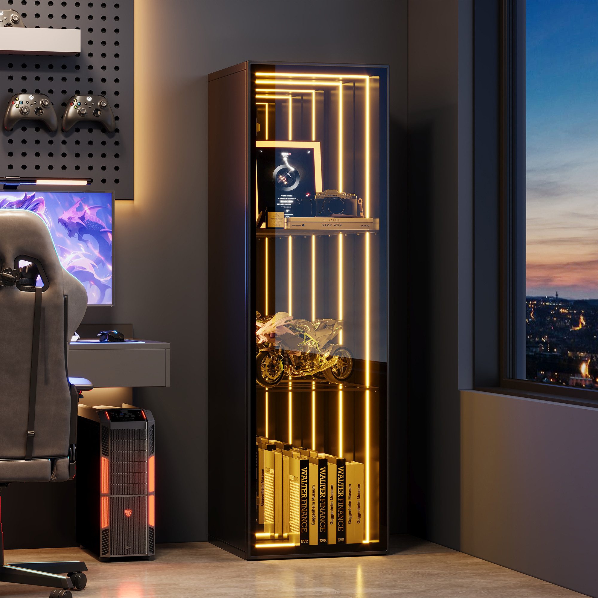 Merax Glasvitrine mit LED Beleuchtung, Aufbewahrungsschrank (1-St., mit Aluminiumrahmen und 5 Ebenen) Hochschrank Vitrinen, H 160 cm