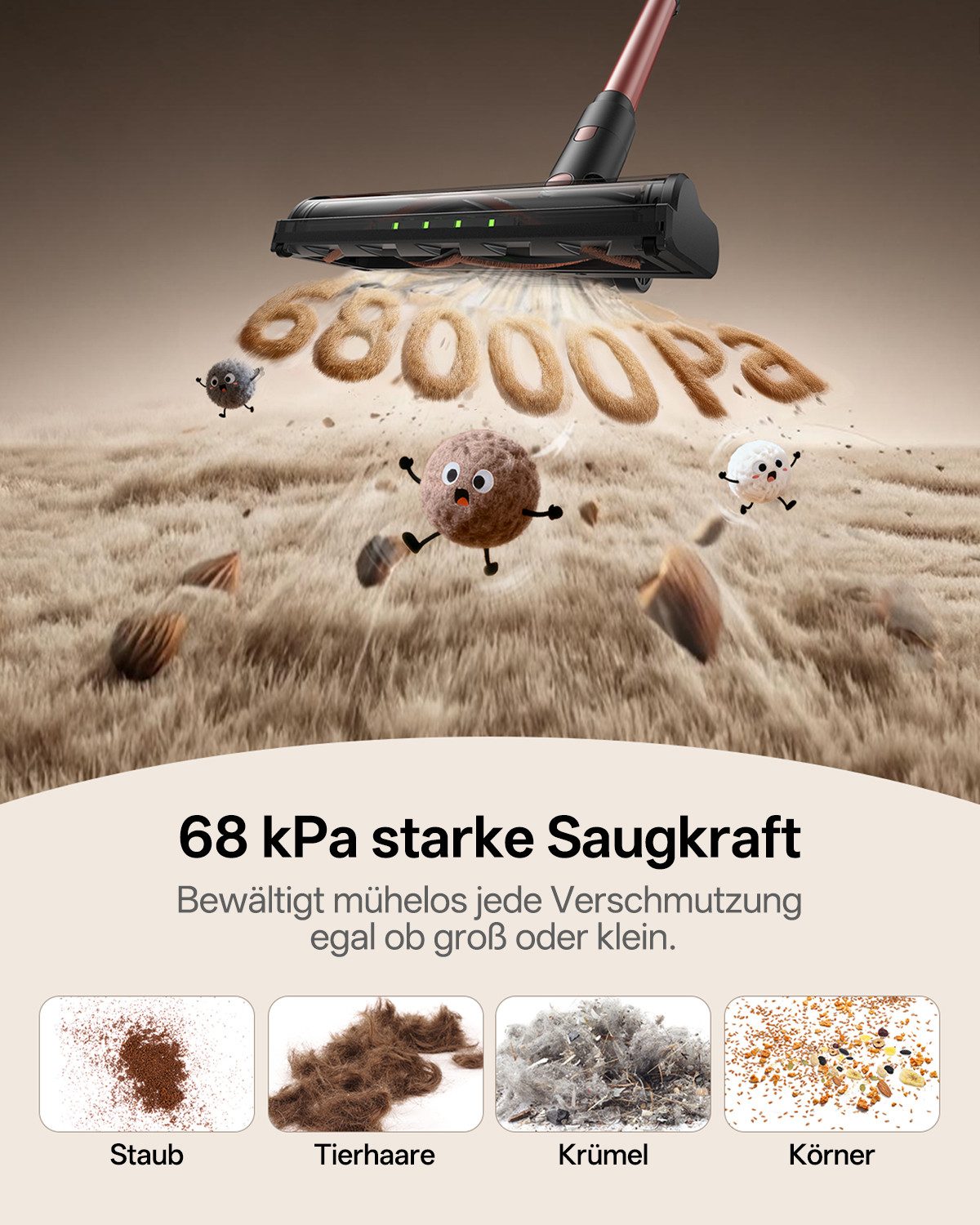 Vactidy Akku-Hand-und Stielstaubsauger V10 Pro, Akkustaubsauger,68000Pa,2,2 kg, 400 W, beutellos, 68000Pa,LED-Anzeige & GreenEye-Licht, Ultraleichtes Design