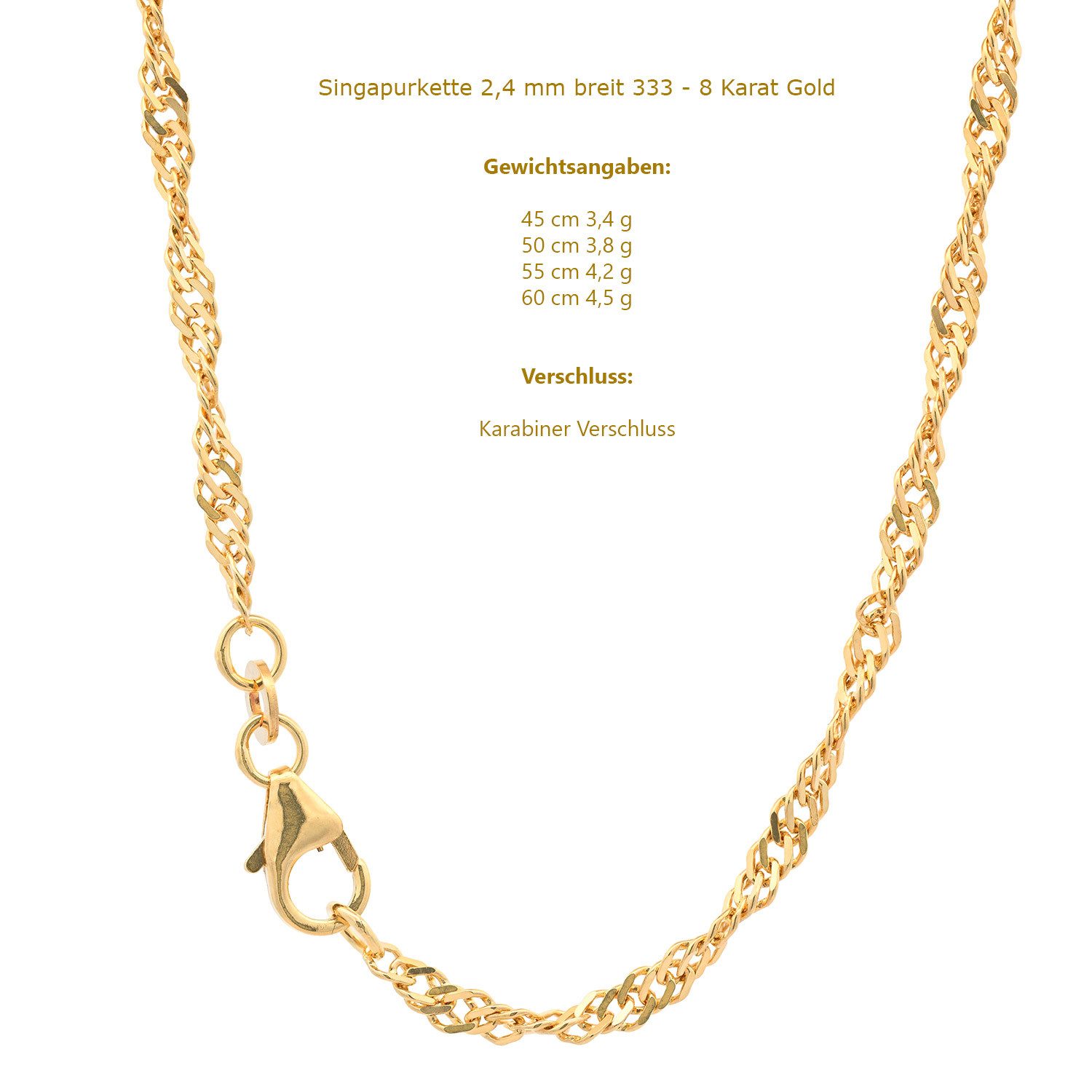 HOPLO Goldkette Goldkette Singapurkette Länge 60cm - Breite 2,4mm - 333-8 Karat Gold