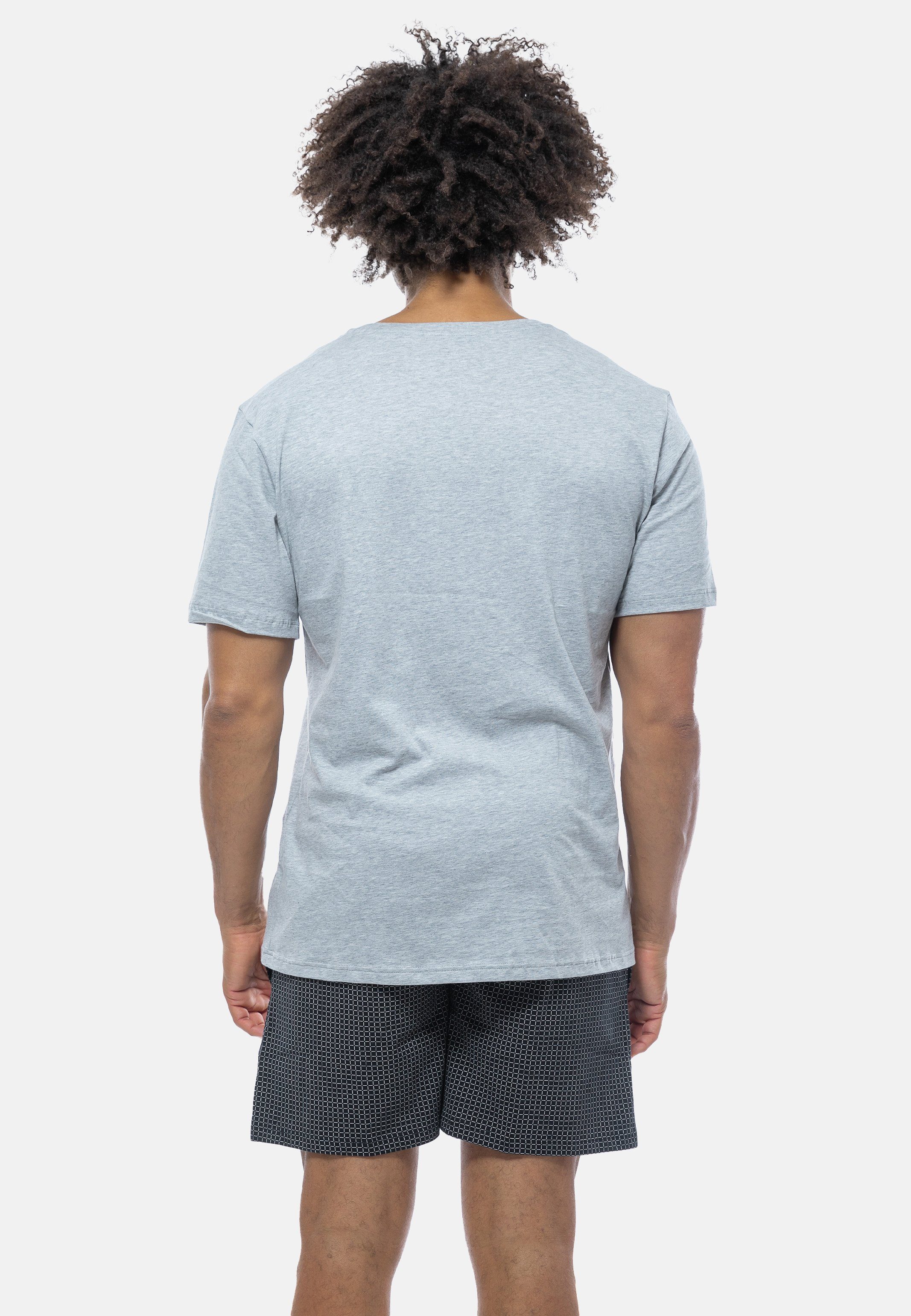 Mix Baumwolle 2 tlg) Grau V-Ausschnitt Kurzarm-Shirt Schwarz / Schlafanzug Pyjama - Schiesser mit (Set, -