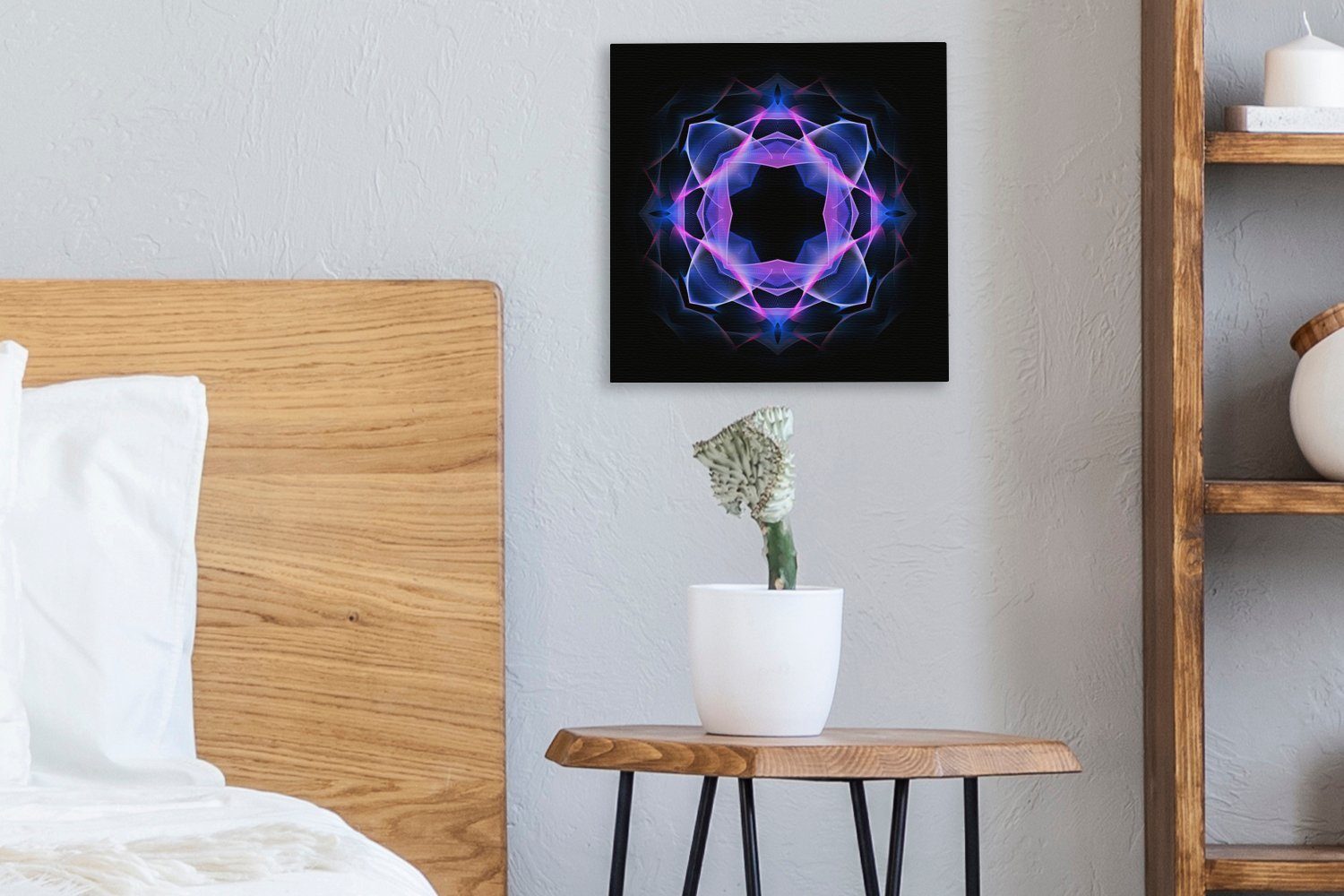 Schwarz, Neon-Mandala-Kaleidoskop-Muster auf Leinwandbild St), OneMillionCanvasses® Wohnzimmer Leinwand Bilder Blaues (1 Schlafzimmer für