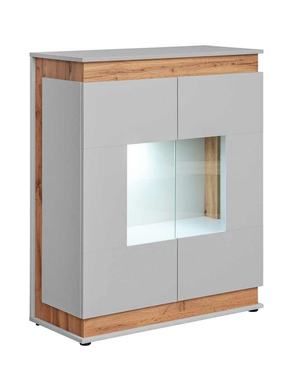 aus Hochglanzfront, Design Stylefy Vitrine Vanessa Hellgrau/ Holzwerkstoff (Standvitrine, Wohnmöbel) inkl. Eiche 2 Glaseinsatz, Glasvitrine, LED-Beleuchtung, Einlegeböden, Modern, stellbar, variabel mit