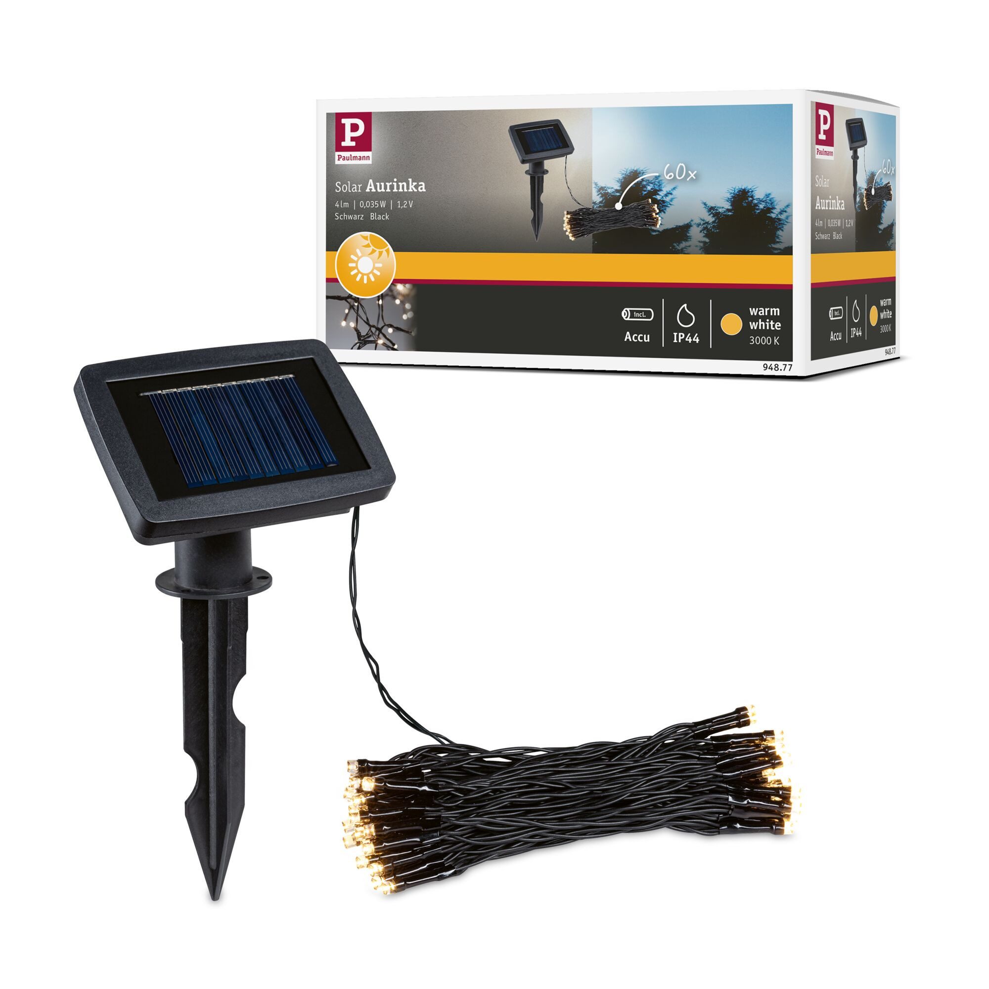 Paulmann LED-Lichterkette Solar LED Lichterkette Aurinka IP44 3000K 60x3lm Schwarz