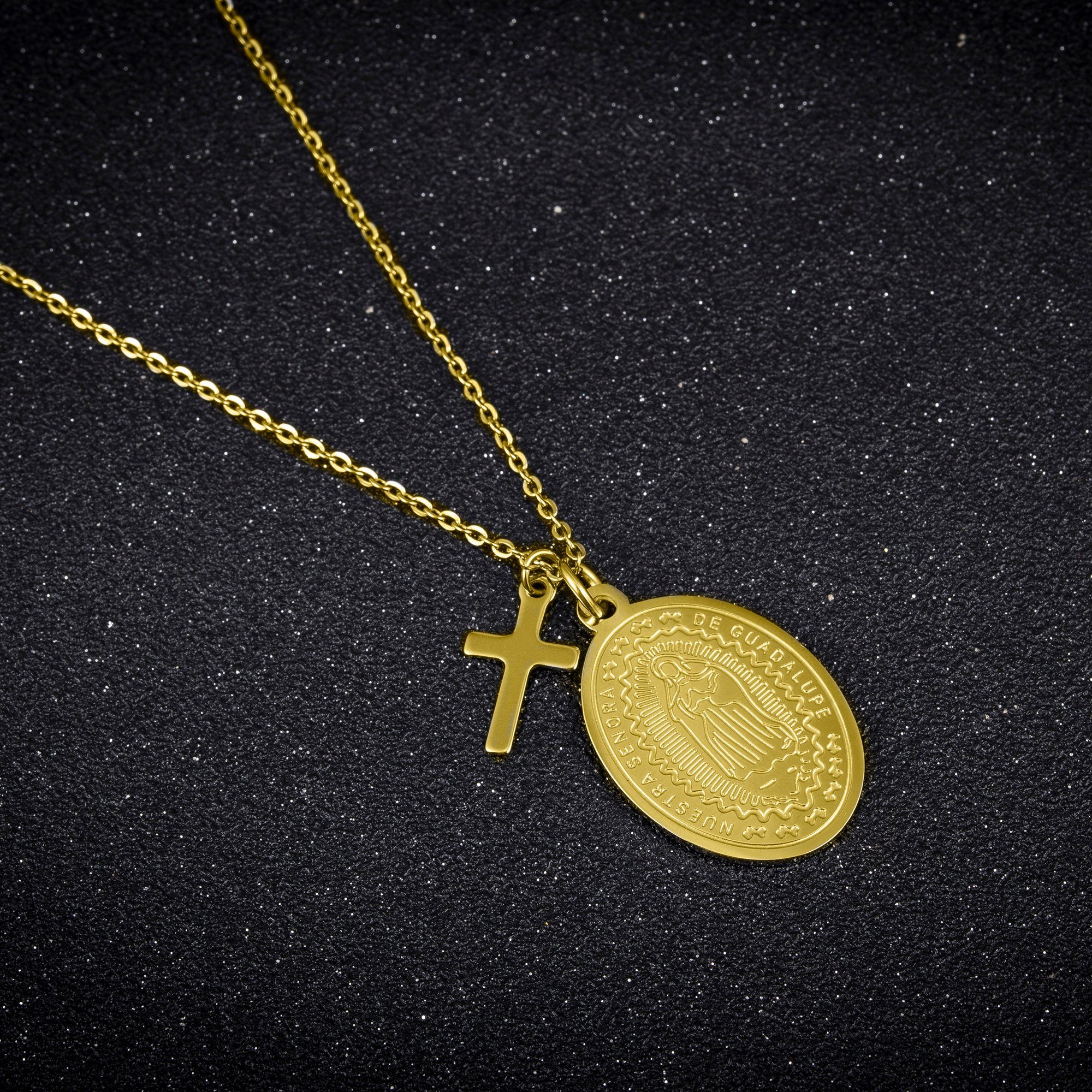 Kim Johanson Kette mit Anhänger Faith, Edelstahl, mit Marienbild & Kreuz-Anhänger, verstellbar – Bild 3 von 4
