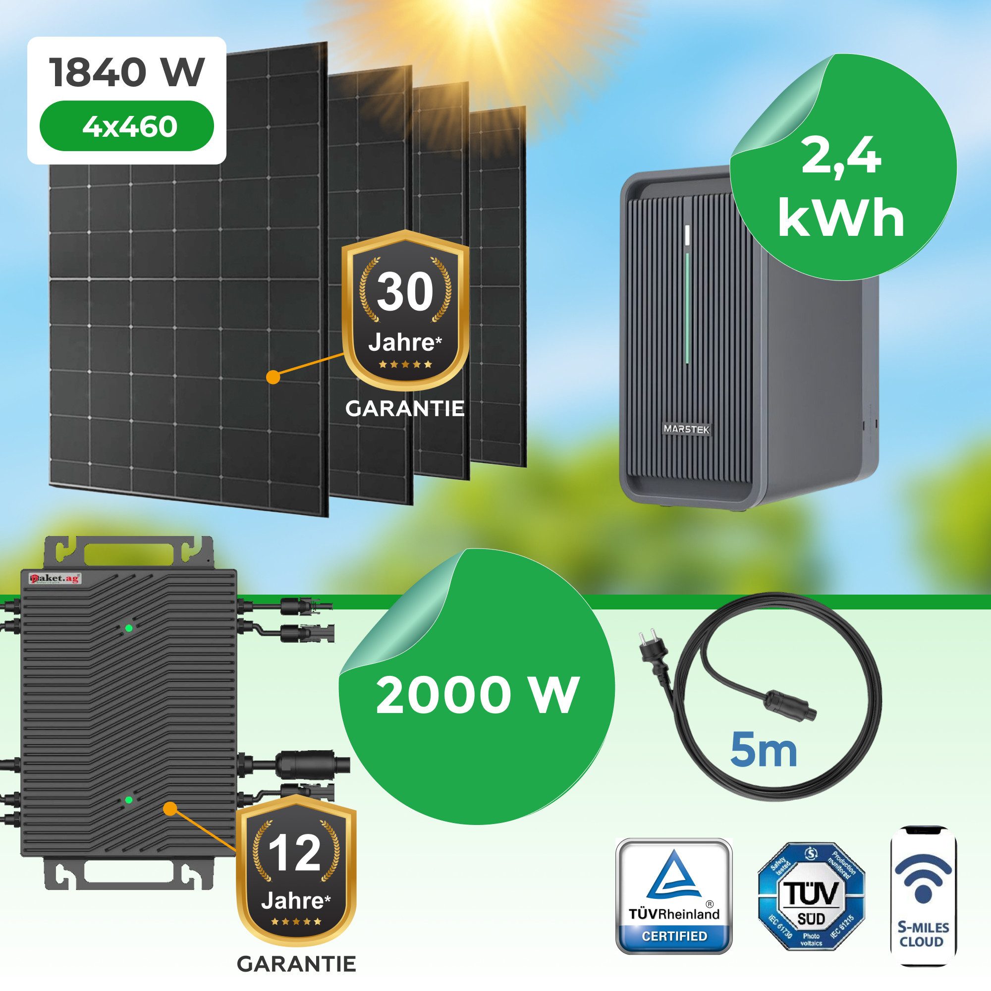 Paket.ag Balkonkraftwerk 1840W mit 2000W Wechselrichter & 2,24kWh Speicher–Komplettset, (1-St)