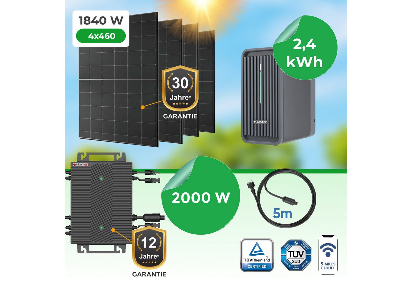 Paket.ag Balkonkraftwerk 1840W mit 2000W Wechselrichter & 2,24kWh Speicher–App, Wlan, (1-St)