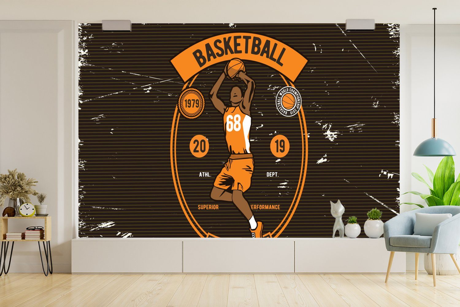 Retro (6 Wohnzimmer, - Schlafzimmer, - Mancave - für Basketball MuchoWow Kinderzimmer, Matt, Schwarz, Wallpaper Fototapete - Tapete Vinyl bedruckt, Orange St),