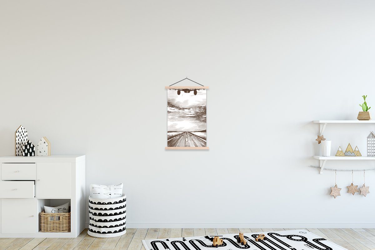 MuchoWow Poster Flugzeug - Luft - Schwarz - Weiß, (1 St), Posterleiste, Textilposter für Wohnzimmer, Bilderleiste, Magnetisch