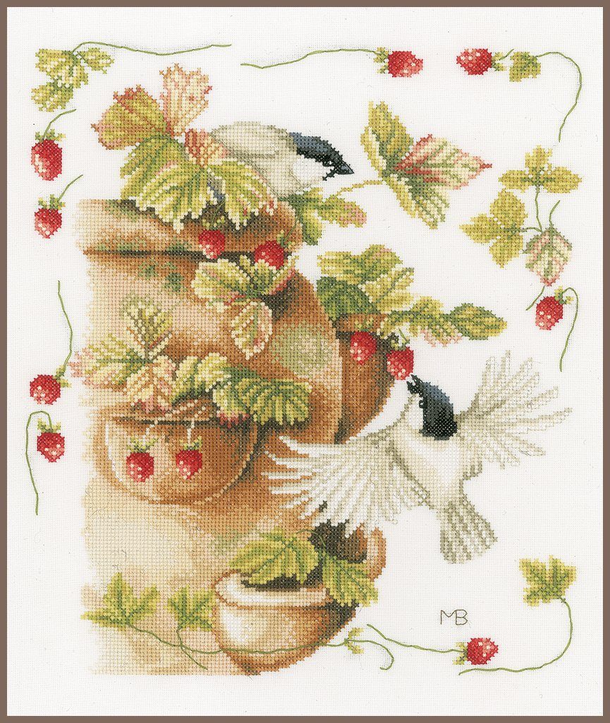 Lanarte Kreativset Lanarte PN-0168599 Erdbeeren und Vögel Kreuzstichpackung, (Set, embroidery Kit), Made in Europe