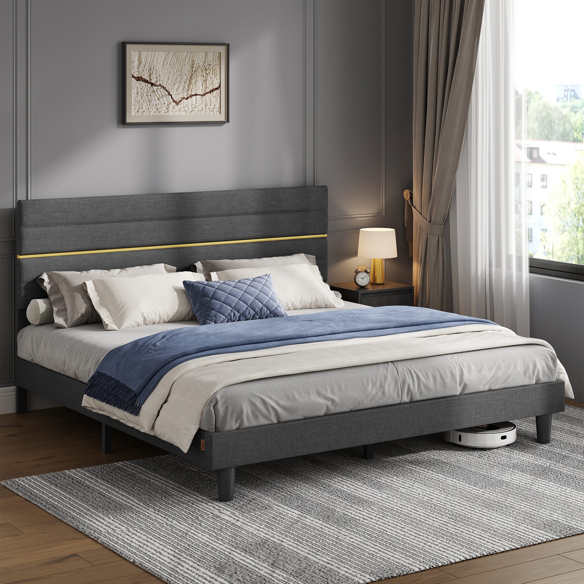 VASAGLE Polsterbett Doppelbettgestell verstellbares gepolstertes Kopfteil, Polsterbett und Matratze Set, mit Stauraum 140x200 cm – Bild 2 von 5