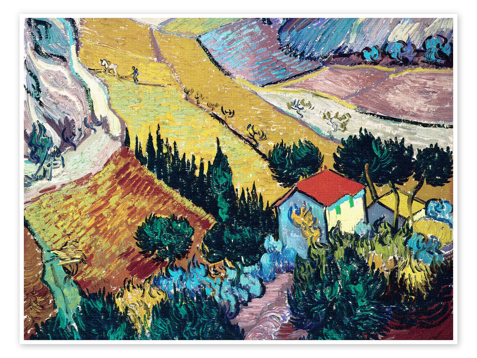 Posterlounge Wandbild Landschaft mit Haus und Pflüger, Vincent van Gogh, erhältlich als Poster, Leinwandbild, Wandsticker oder Acrylglasbild