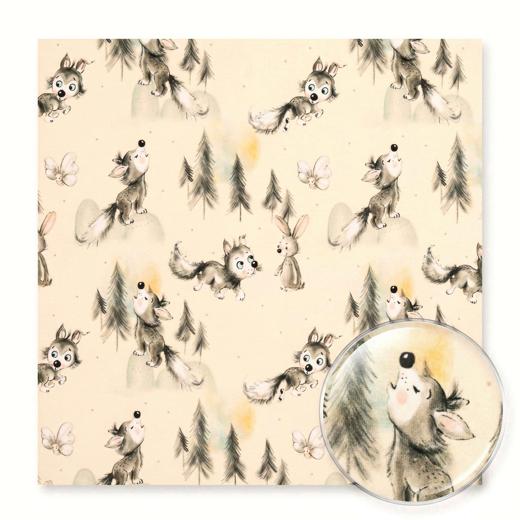 maDDma Stoff Swafing Jersey Jerry Wolf Hase Waldtiere Beige Baby Stoff Nähen DIY