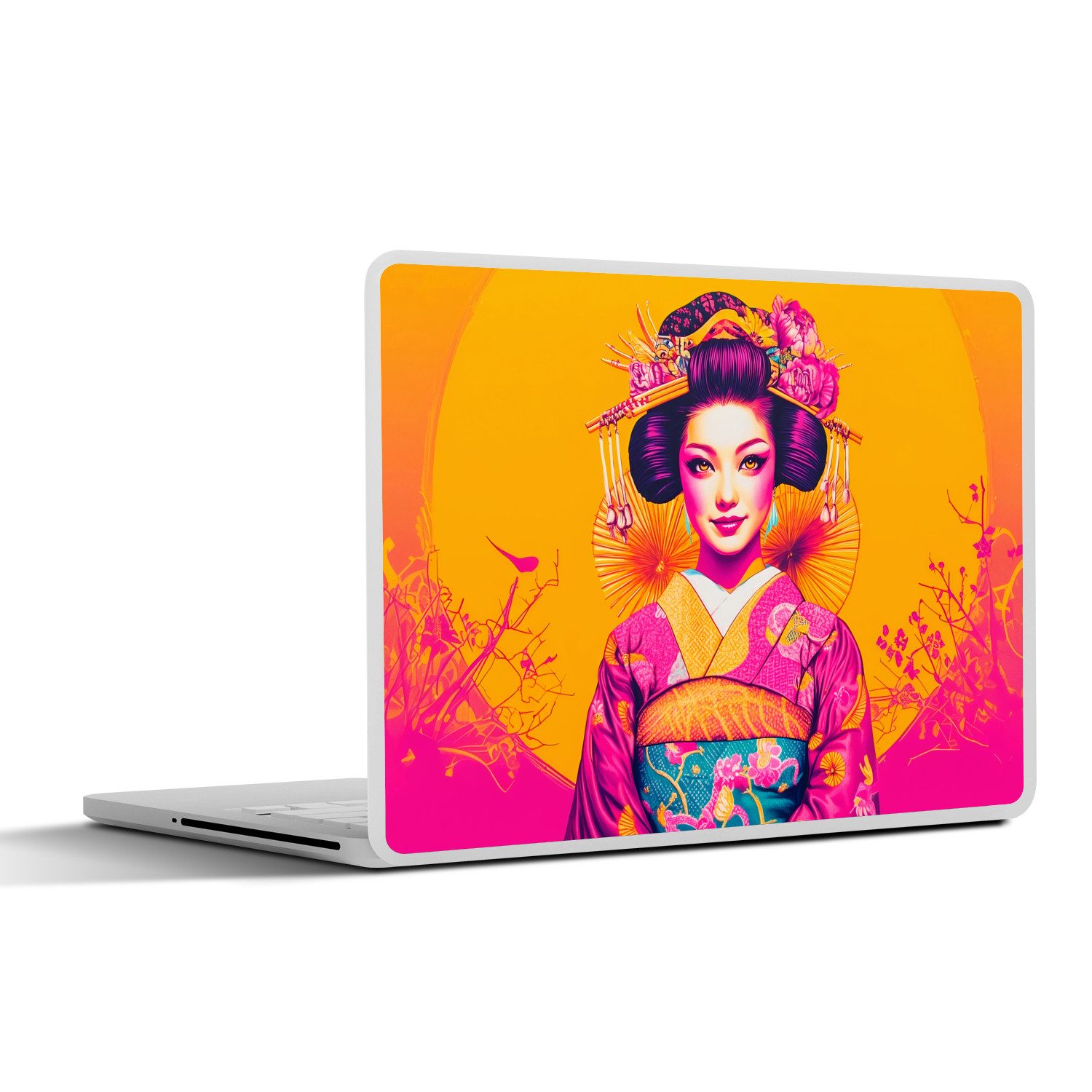 MuchoWow Laptop-Aufkleber Blumen - Frau - Kimono - Rosa, (1tlg), Aufkleber Geeignet für Laptops, Schutz vor Kratzern, Sticker, 31x22 cm