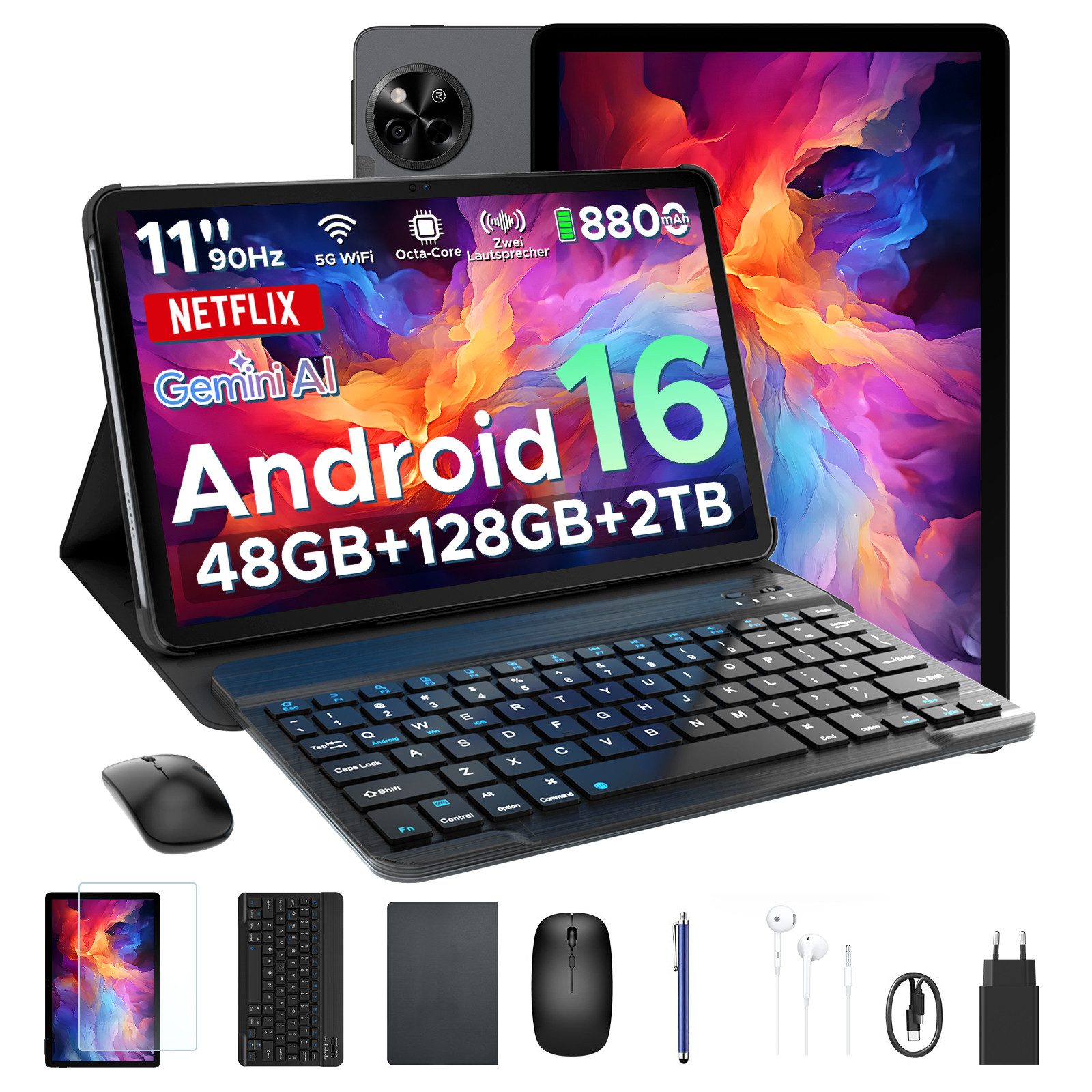Aorlym P11 Android 16 Tablet mit Tastatur, Stift, Maus, 11 Zoll, 8800mAh Tablet (11", 8 GB, Android 16, Gemini AI, 13 MP, 5G WiFi/Widevine L1/GPS/Face ID/zwei Lautsprecher)