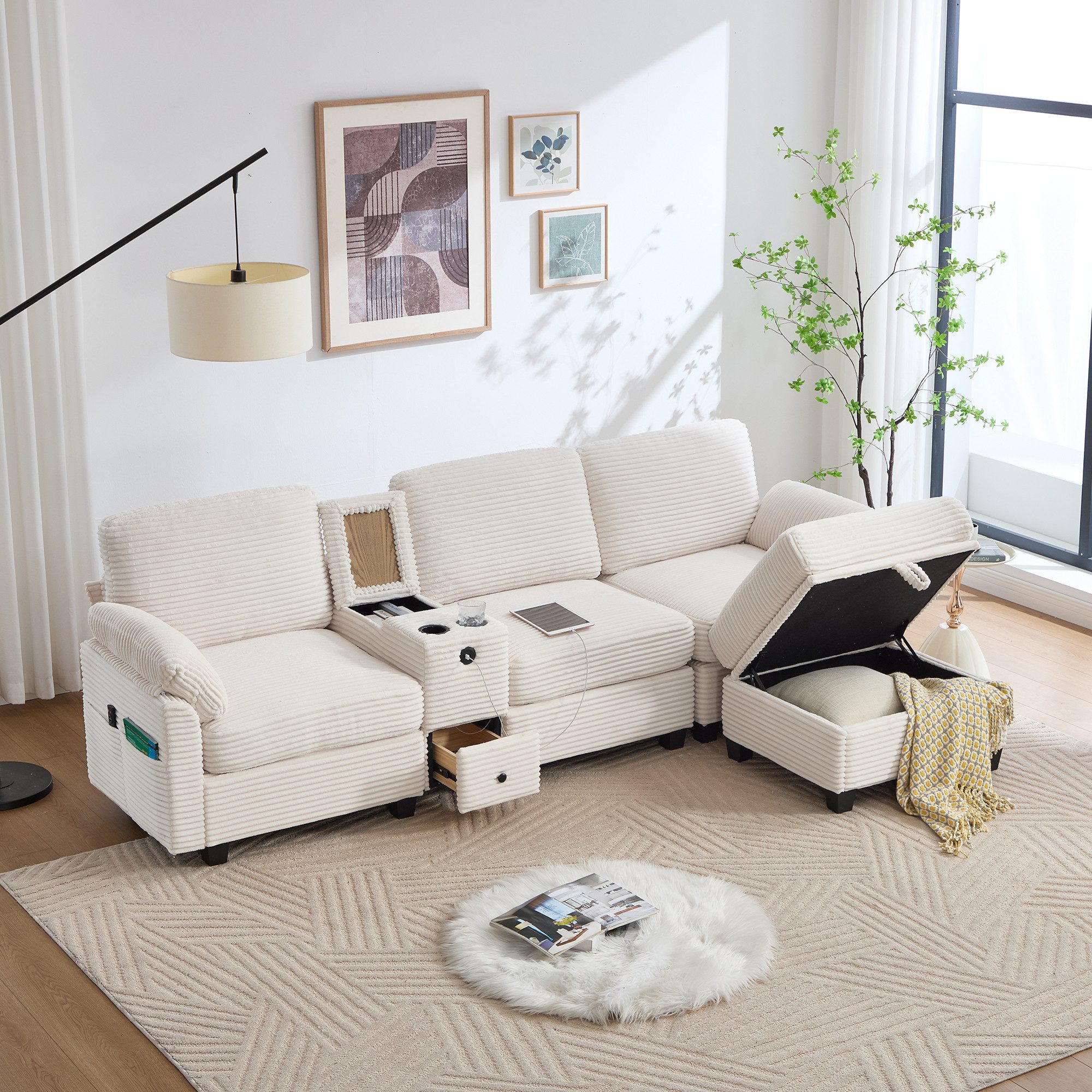 TavilaEcon Polstergarnitur Cord-Sofa mit hochdichtem Schaumstoff & Stauraum, (2-tlg), mit Stauraumhocker und USB-Type-C Anschluss