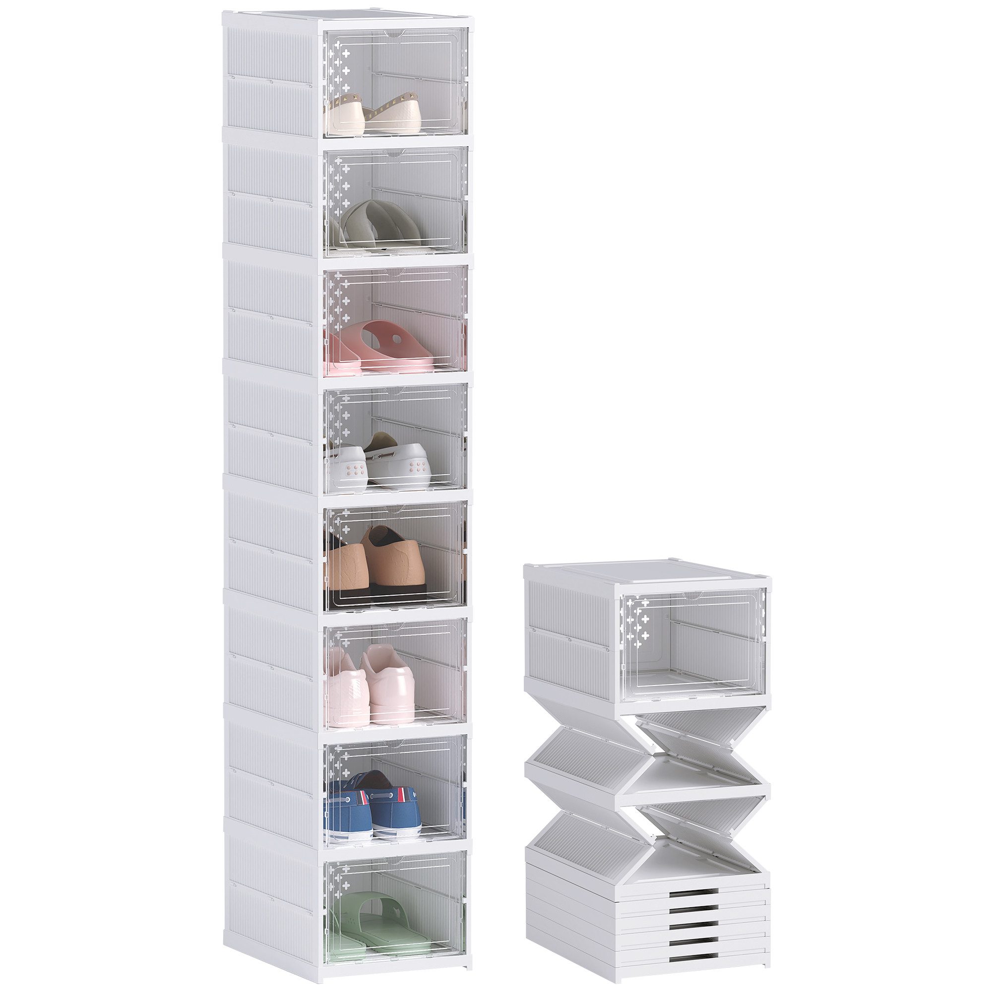 HOMCOM Schuhbox 8 Stück stapelbare und faltbare Schuh-Organizer, schmal Schuhregal (Platzsparend Schuhaufbewahrung, 8 St., Stapelbare und Faltbar Schuh-Organize – Bild 2 von 5