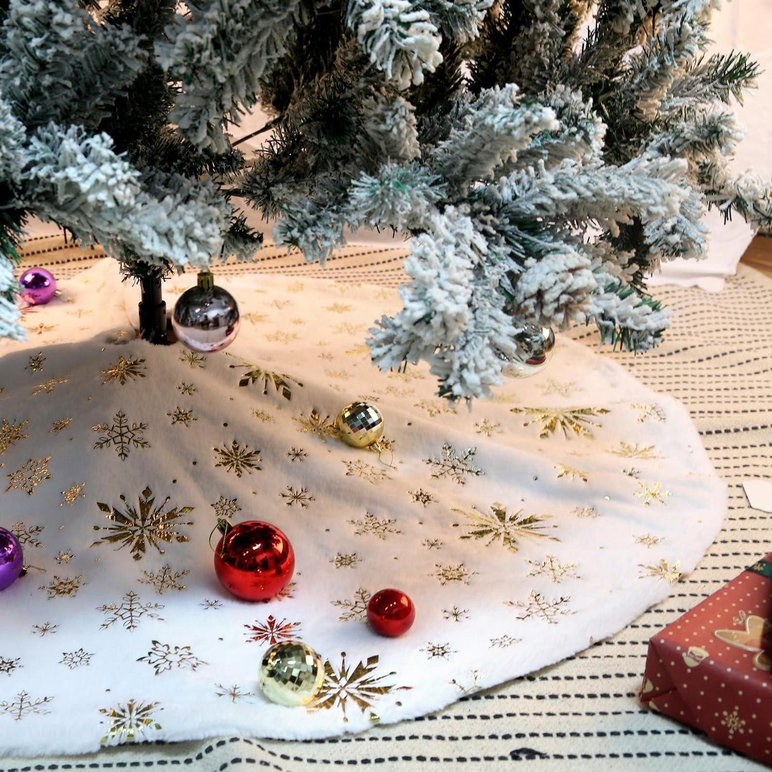 LuxusKollektion Weihnachtsbaumdecke Christbaumdecke rund Plüsch Weiß Gold 90cm