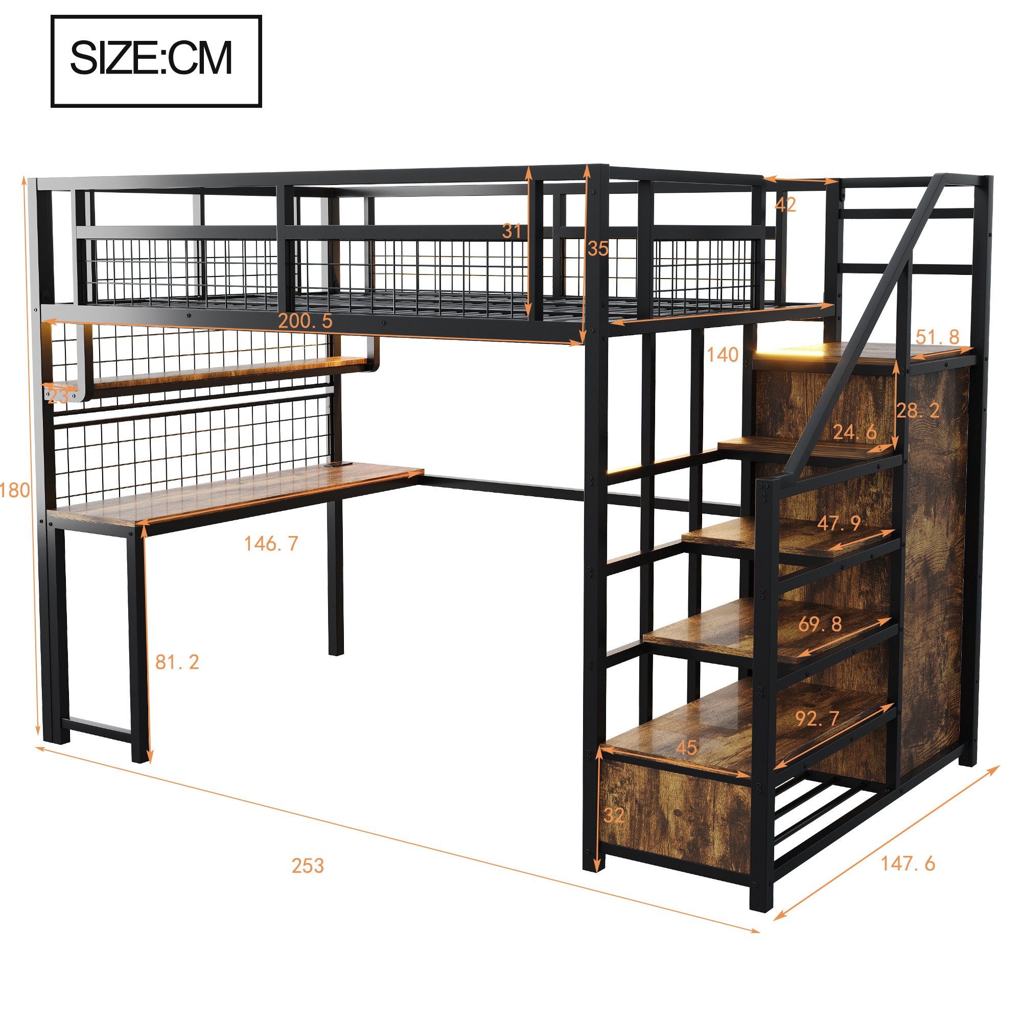Celya Hochbett Mit Aufbewahrungsleiter und Einfachem Kleiderschrank (ohne Matratze, Mit Ablage, Tisch und Netzregal, Mit Lichtleiste Steckdose) Ideal für Jugendzimmer, Studentenwohnungen oder kleine Wohnräume