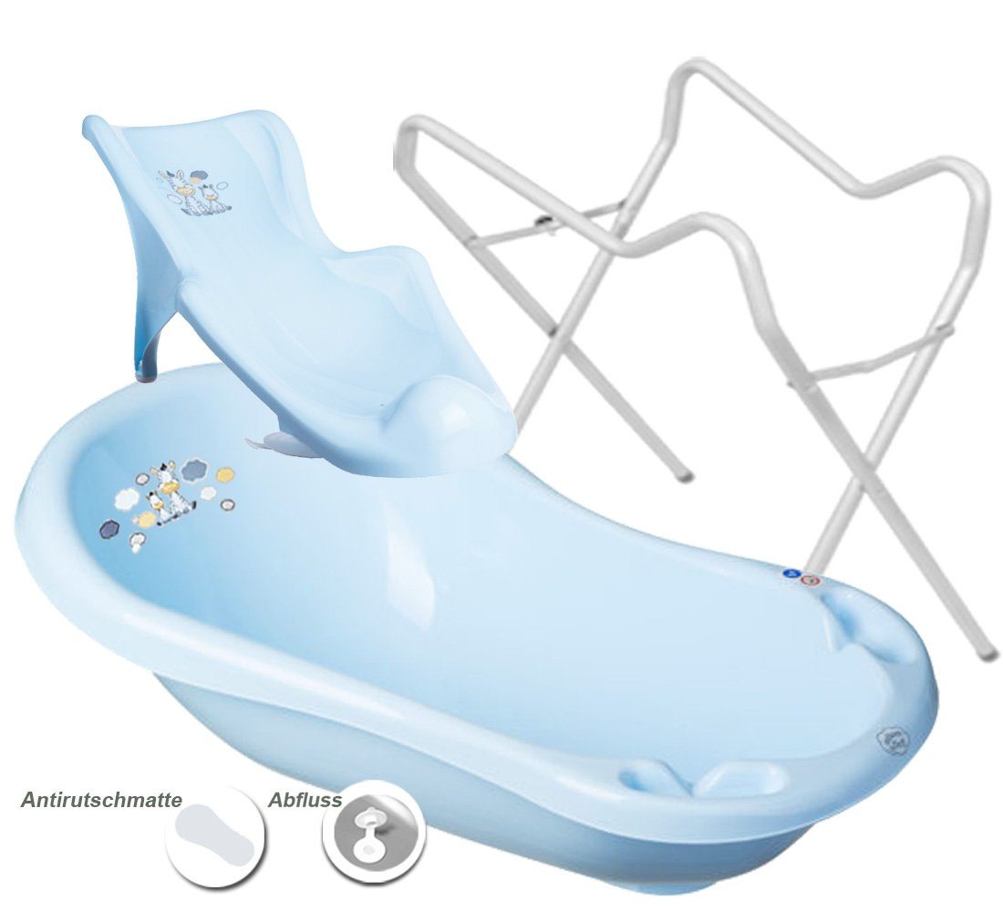 Maltex Babybadewanne 2 Teile SET - ZEBRA Blau + Ständer Weiß - Badeset Baby Badesitz Wanne, (Made in Europe), = BABYWANNE + BADESITZ + GESTELL