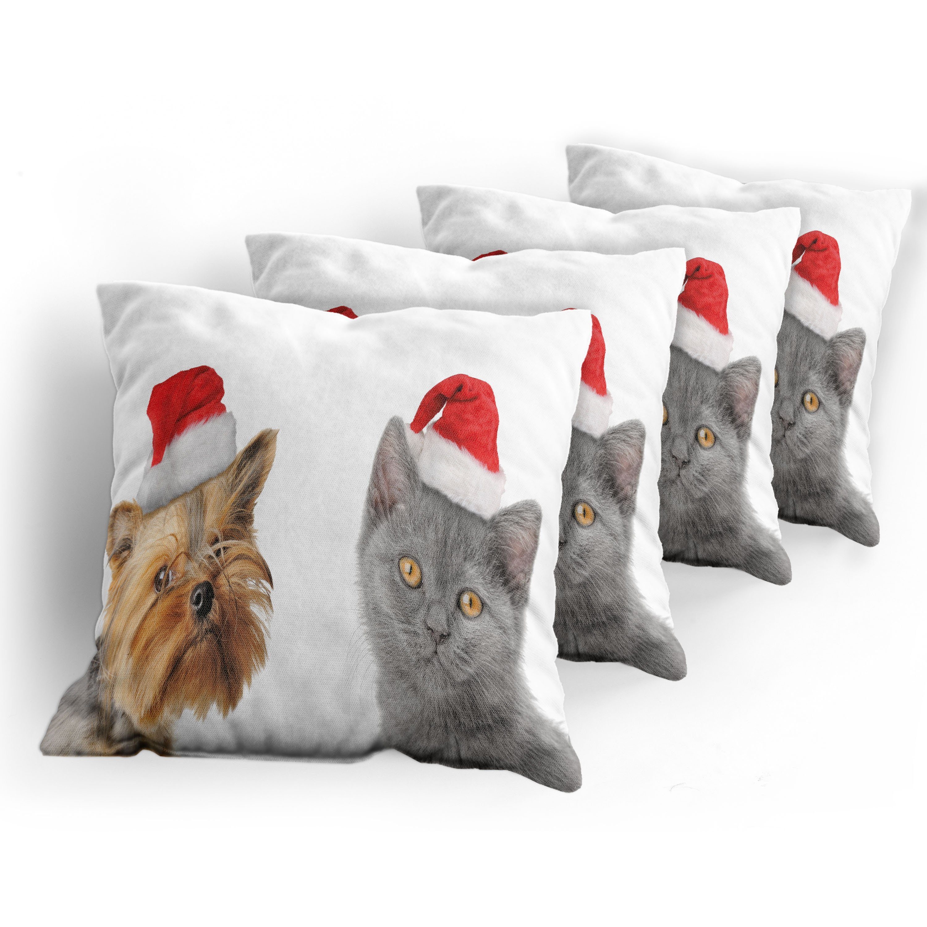 Kissenbezüge Modern Accent Doppelseitiger (4 Hund Weihnachtsmütze Stück), Weihnachten Katze Abakuhaus Digitaldruck