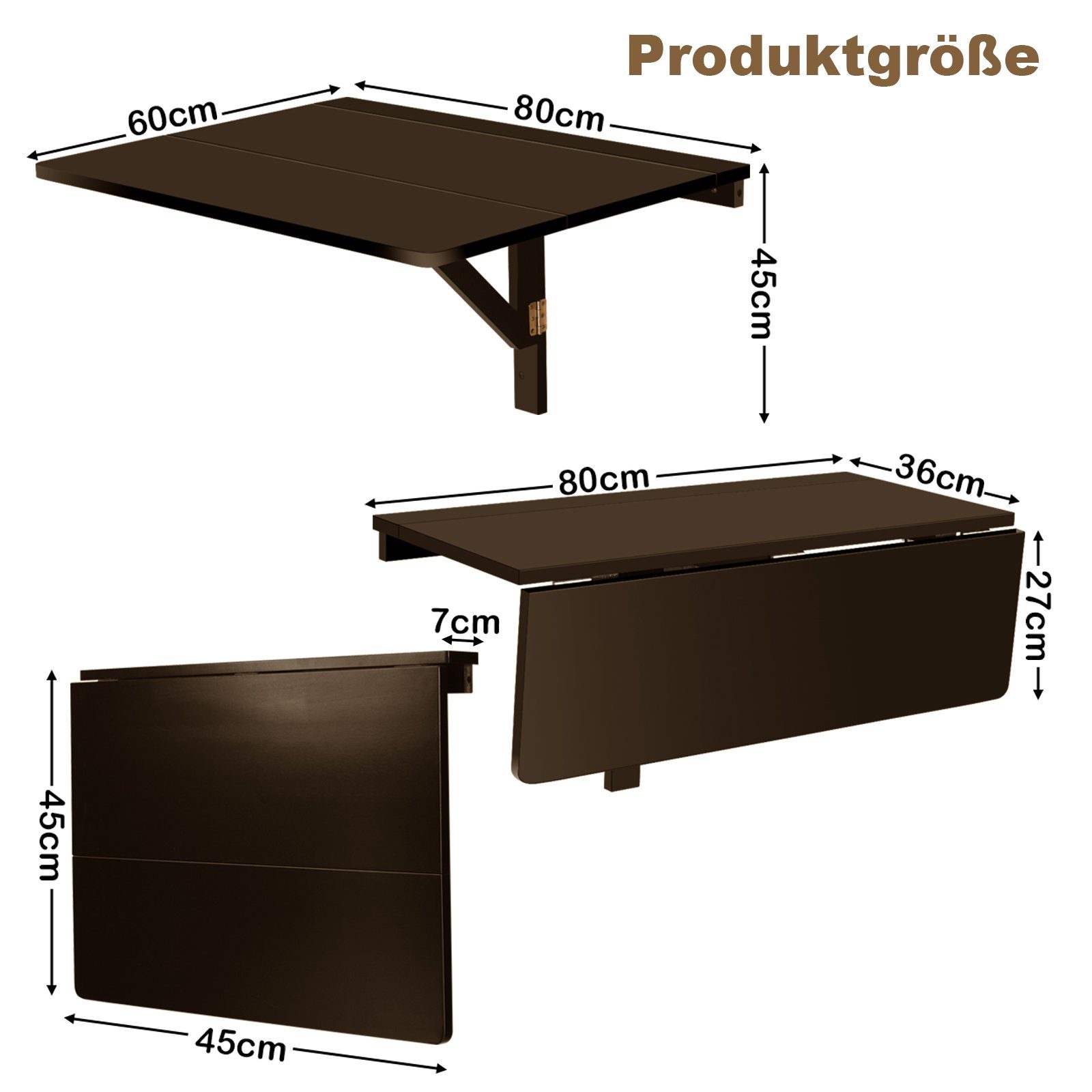 COSTWAY klappbar Klapptisch x Wandmontage, Wandtisch Kaffeebraun cm, 60 80