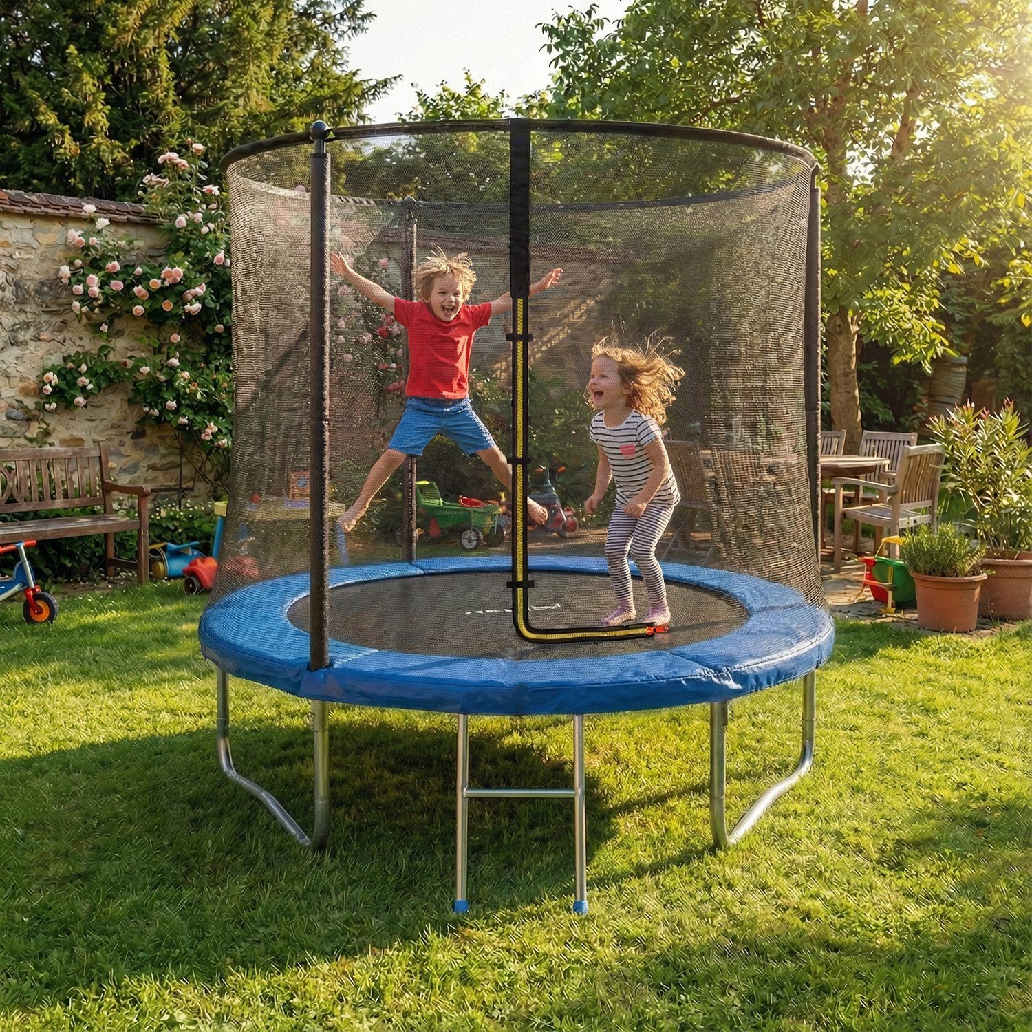 GUNJI Gartentrampolin 183/222/290/360 cm Kindertrampolin für den Garten, Ø 222 cm, (Ausgestattet mit Sicherheitsnetz, Trampolin und Leiter, Tragkraft 150 kg)