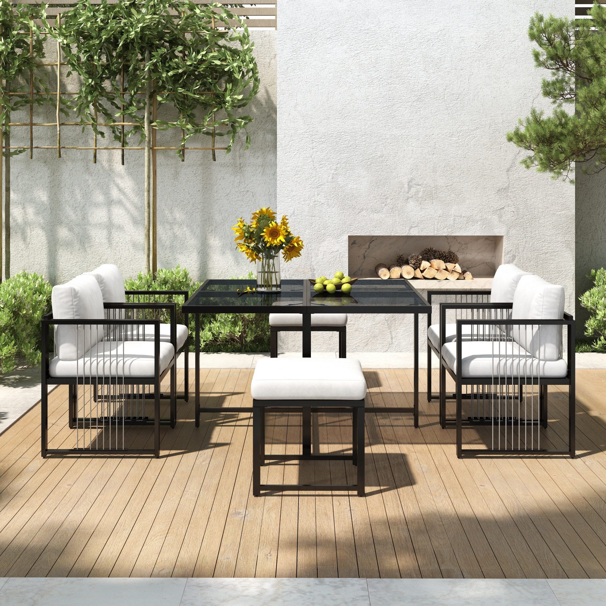 Merax Sitzgruppe aus Seil und verzinktem Eisen, (7-tlg., Gartengarnitur Gartenlounge Balkonmöbel), Gartenmöbel-Set für 6 Personen, Essgruppe mit Sessel, Hocker & Tisch