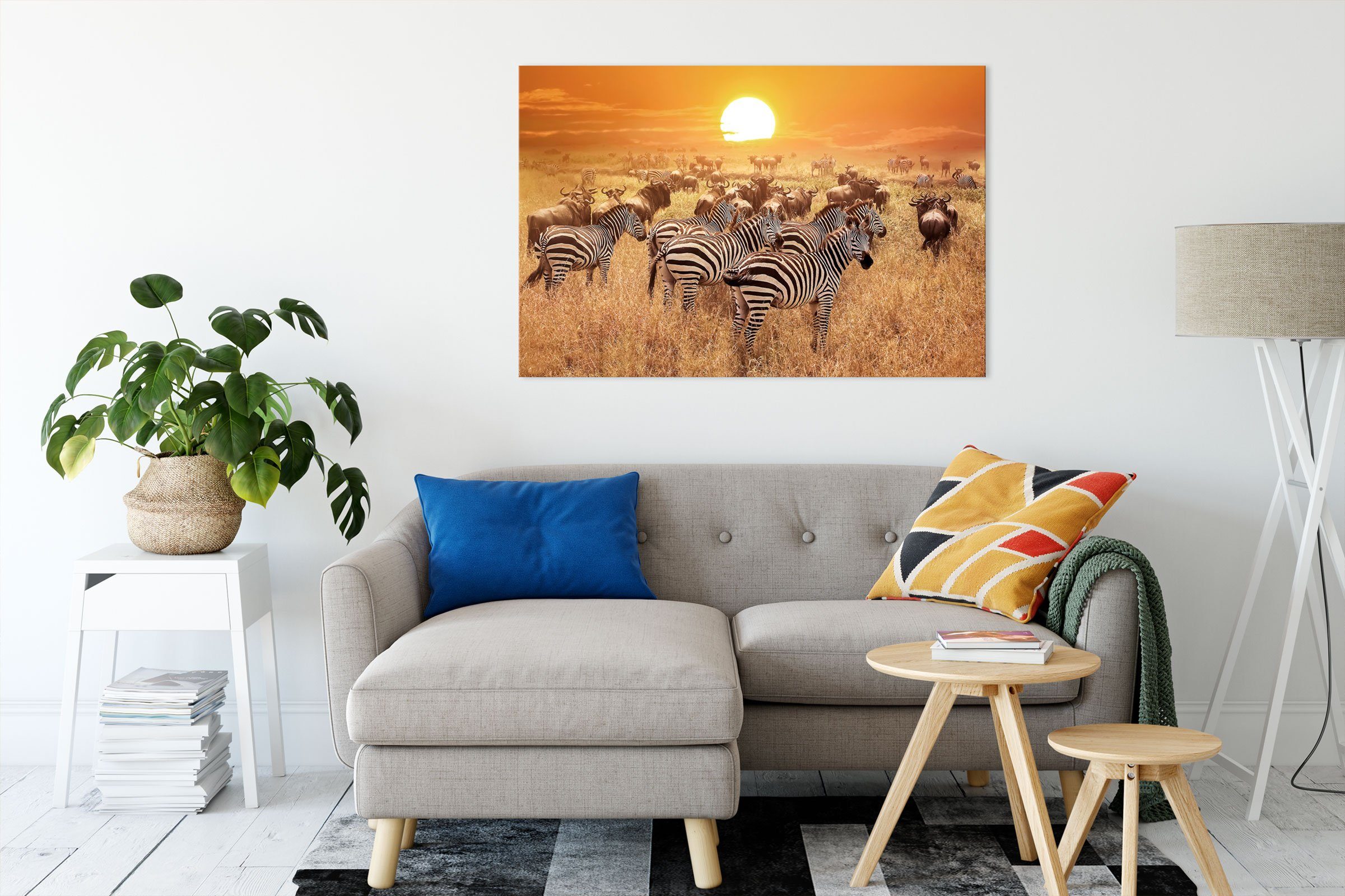 Pixxprint Leinwandbild Zebraherde Savanne bei Sonnenuntergang, günstig online kaufen