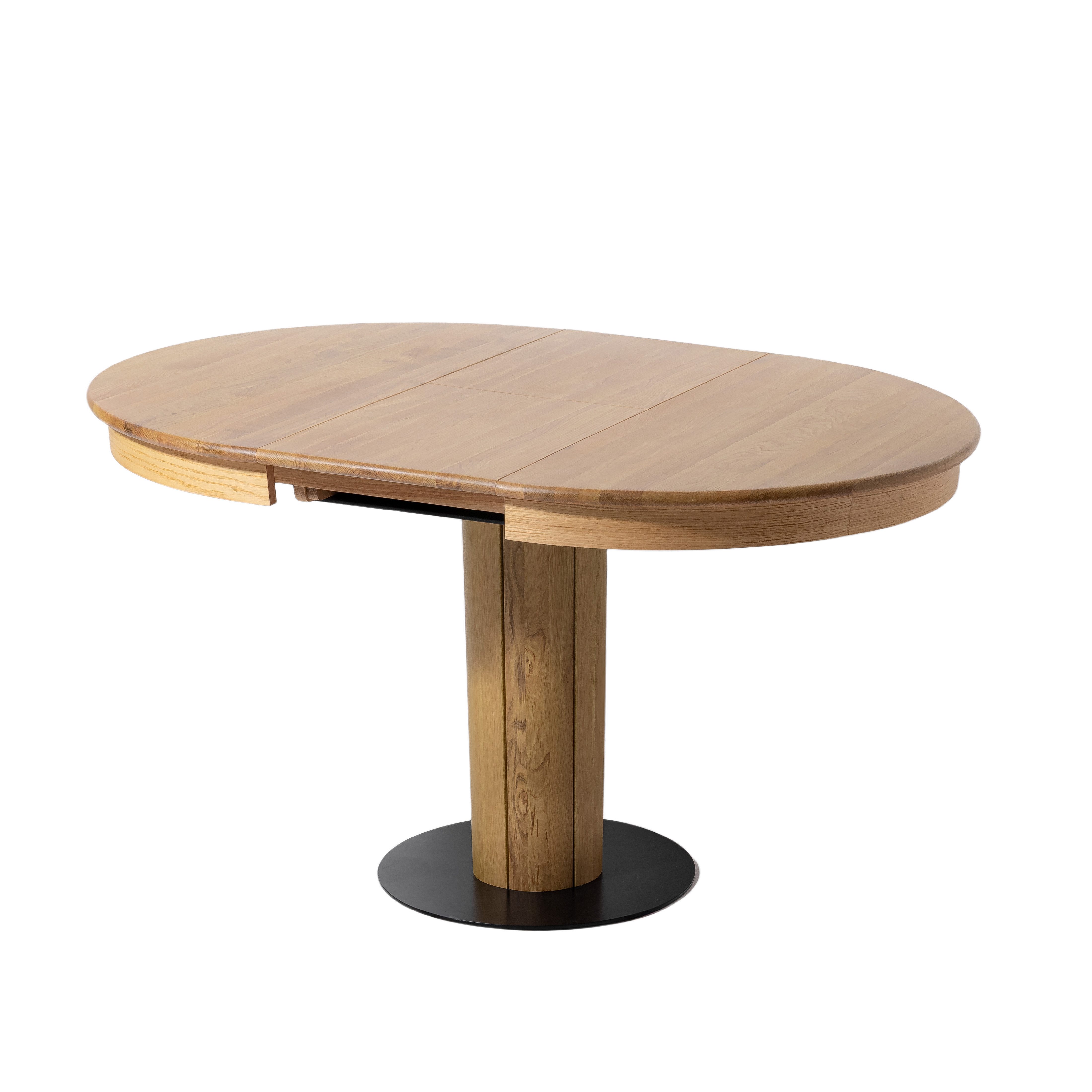 Woodek Design Esstisch Elin Ø110 cm + Verlängerung, aus massivem Eichenholz, matt lackiert (perfekt für moderne und klassische Essbereiche, 1-St., Massiver Eichen-Mittelfuß), Handgefertigter Küchentisch mit matt lackierter Oberfläche