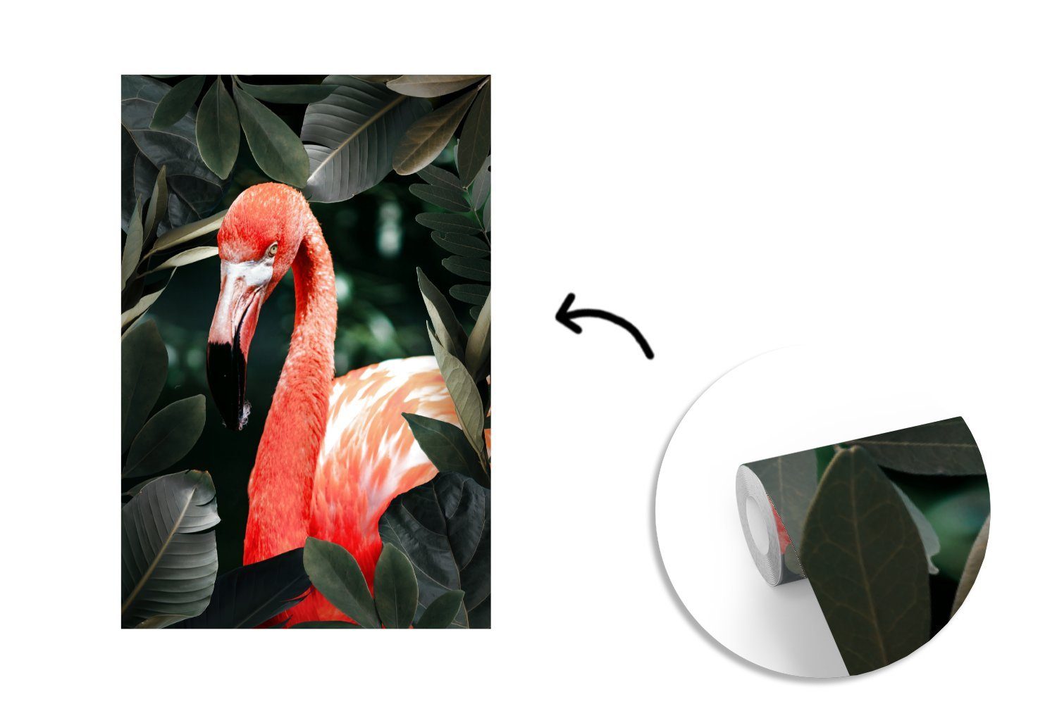 Wandtapete für Tapete Flamingo - Grün, Fototapete MuchoWow Blätter St), Montagefertig Wohnzimmer, Matt, bedruckt, - Vinyl (3