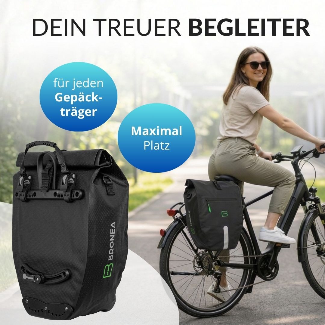 Bronea Fahrradtasche 2 STÜCK Gepäckträgertasche Fahrrad XXL 28 Ltr - Verstärkt - Abnehmbar (Fahrradtasche für Gepäckträger hinten, Wasserdicht & Reflektierend - Laptoptasche), Innovatives verstellbares Click System für alle Gepäckträger