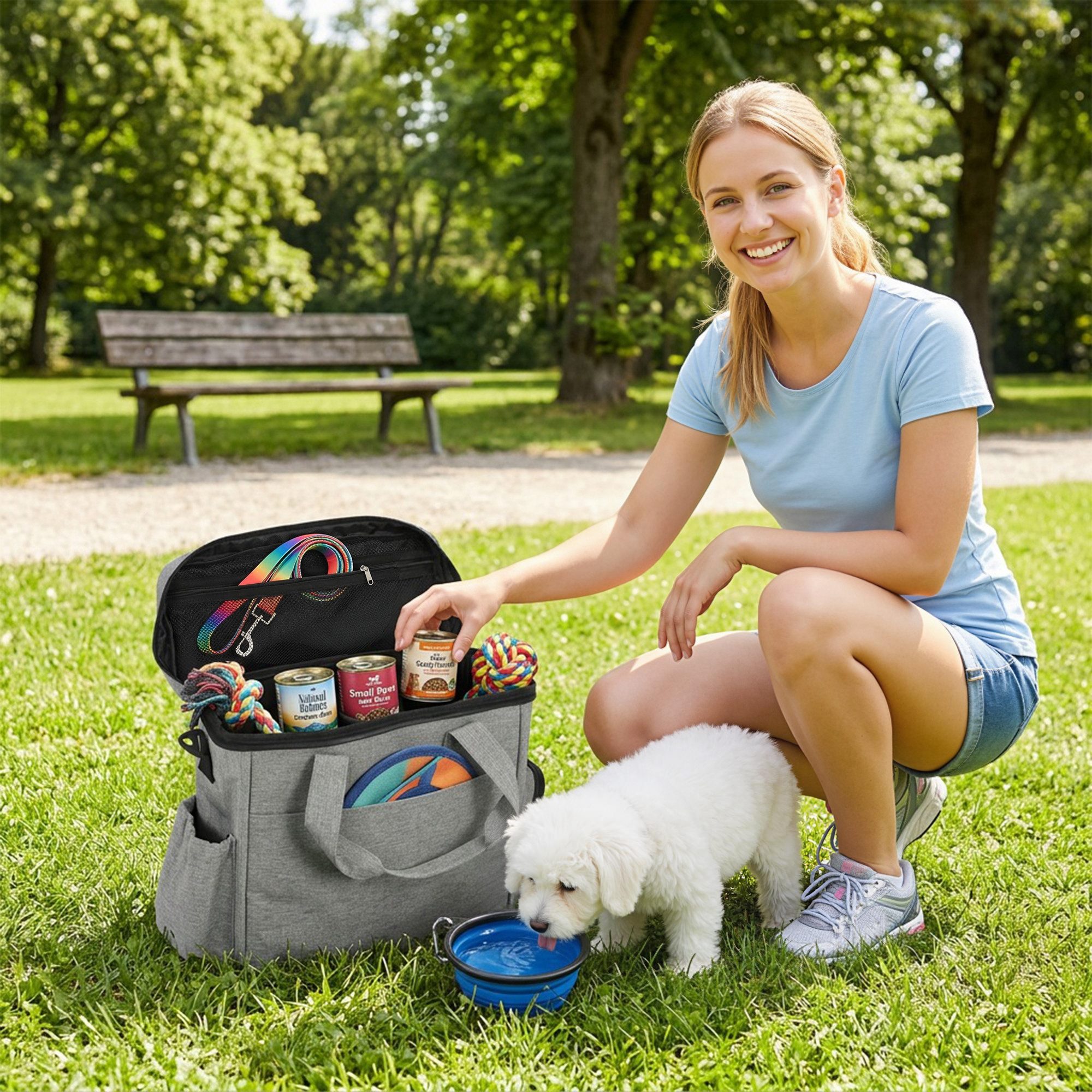 muvano Tiertransporttasche Vielseitige Tragetasche Hundereisetasche Futterbeuteln, faltbarem Napf, verstellbarer Trennwand, wasserabweisendem 300D-Polyester