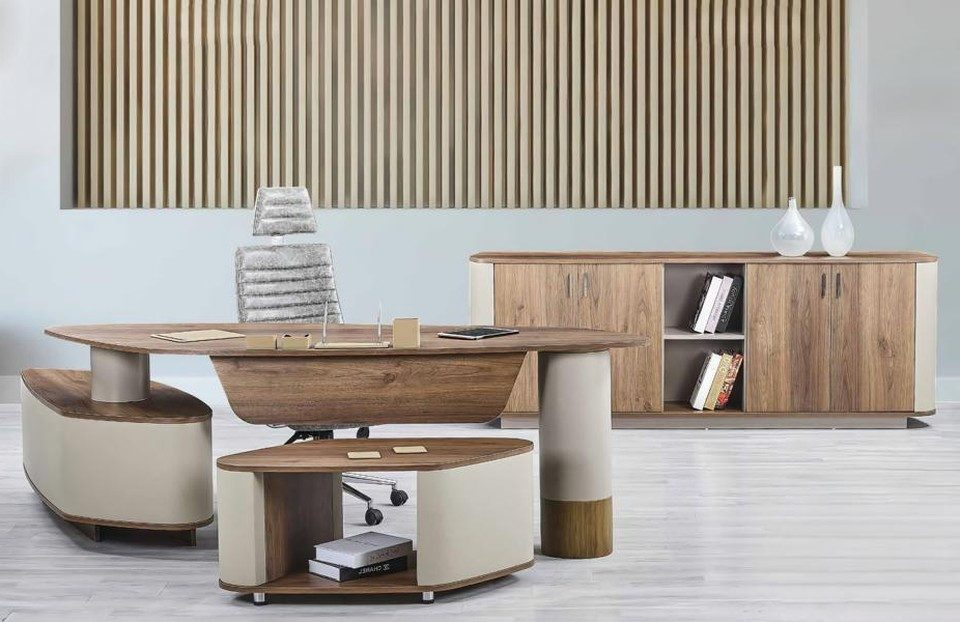 JVmoebel Eckschreibtisch Ovaler Büro Schreibtisch Design Eckschreibtisch Möbel Tische Beige (1-St., Schreibtisch), Made in Europa