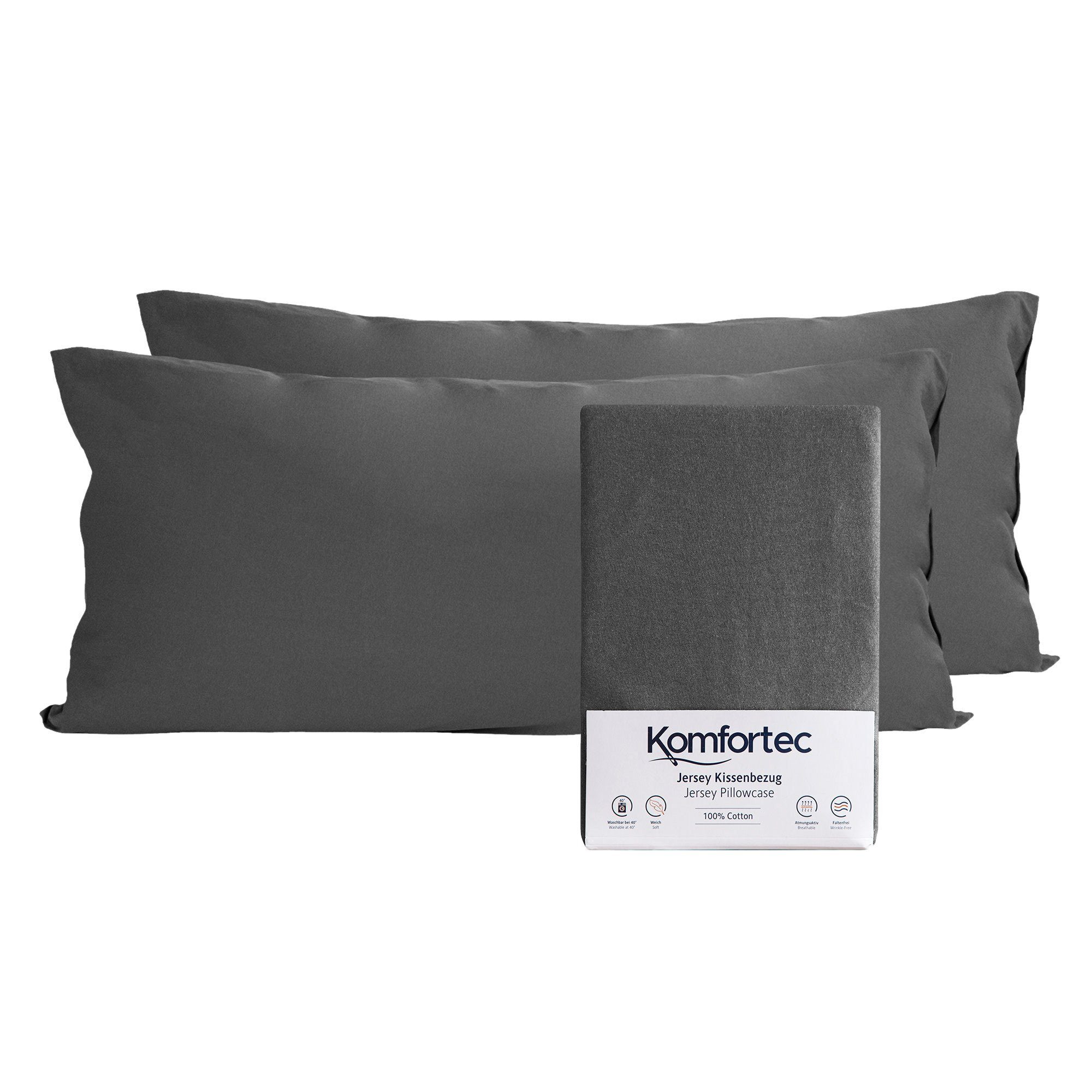 Kissenbezug 100% Baumwolle, 150 g/m², Komfortec (2 Stück), 40 x 80 cm, Kissenhülle, Superweicher Premium Jersey Kopfkissenbezug