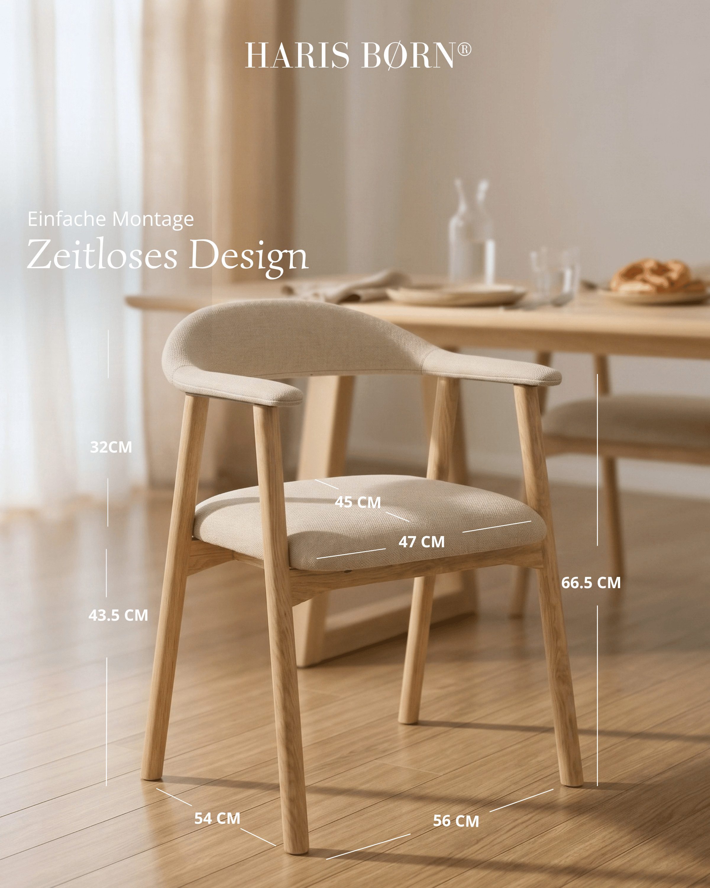 Haris Børn Esszimmerstuhl mit Armlehne (Massiv Eiche) - Polsterstühle für Esszimmer (Set, 2 St), Beige - Esszimmer Stühle & Esstisch Stühle - Moderner Polsterst – Bild 2 von 5