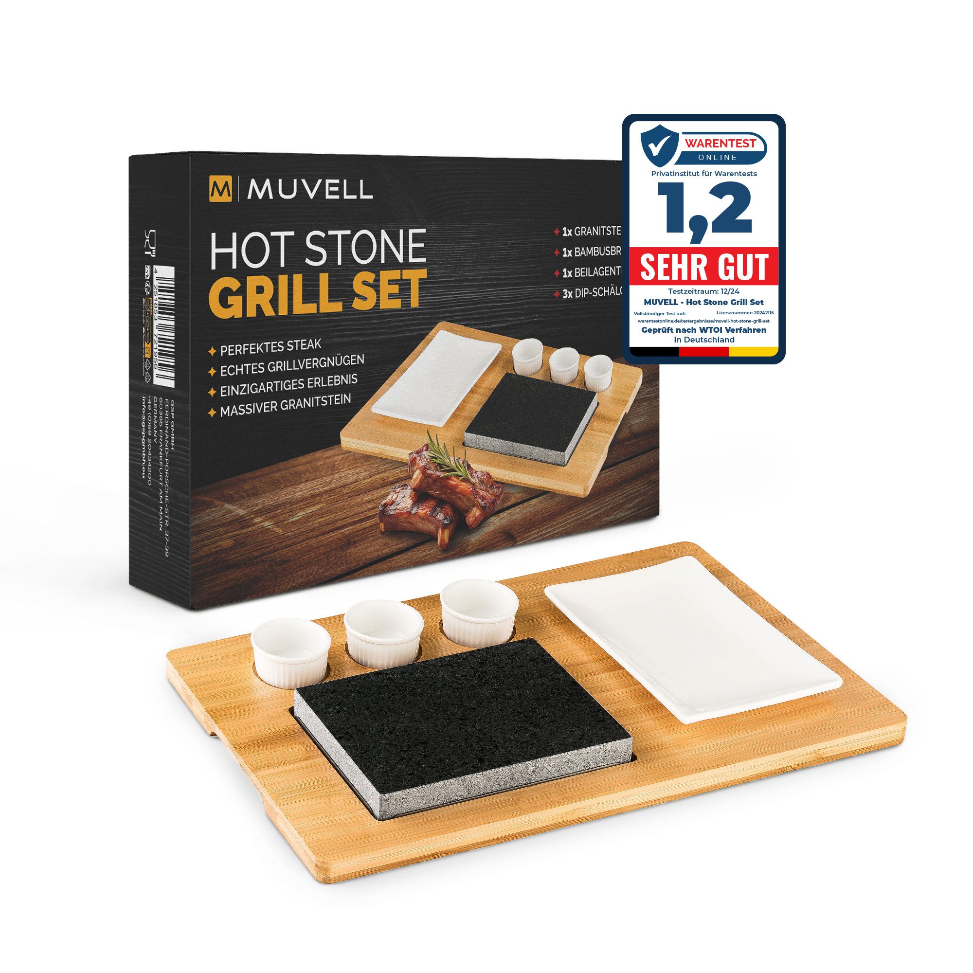 MUVELL Lavasteine Hot Stone Steak Heißer Stein Grill mit Dipschale, (Set, 7 St., Hot Stone), inkl. Teller + 3 Beilagen Dipschalen