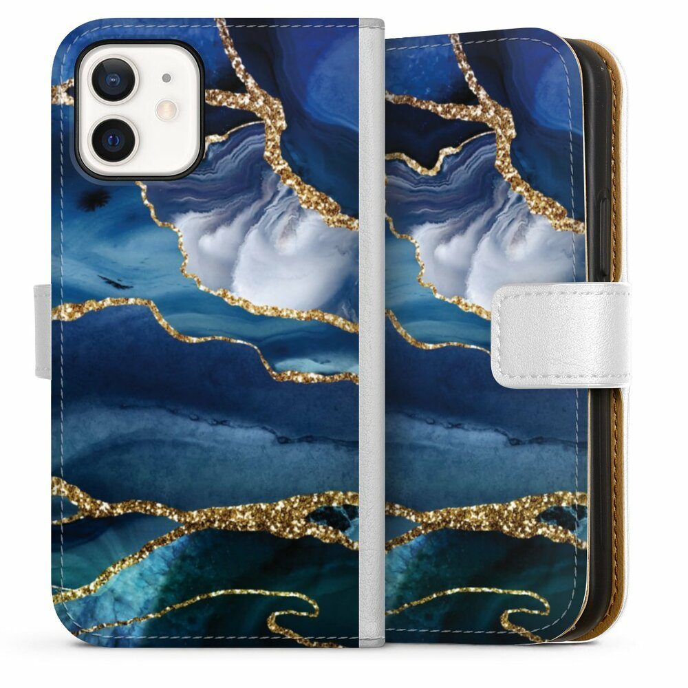 Handyhülle Blue Marble Gold Glitter Look, Hülle, Handy Flip Case, Wallet Cover, Handytasche Leder Marmor Blau Gold & Kupfer